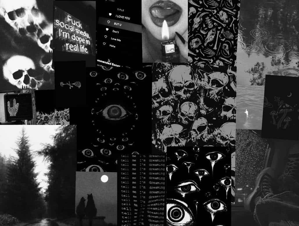 Dark Gothic Aesthetic, black and white collage, skulls eyes, SD Desktop Wallpaper