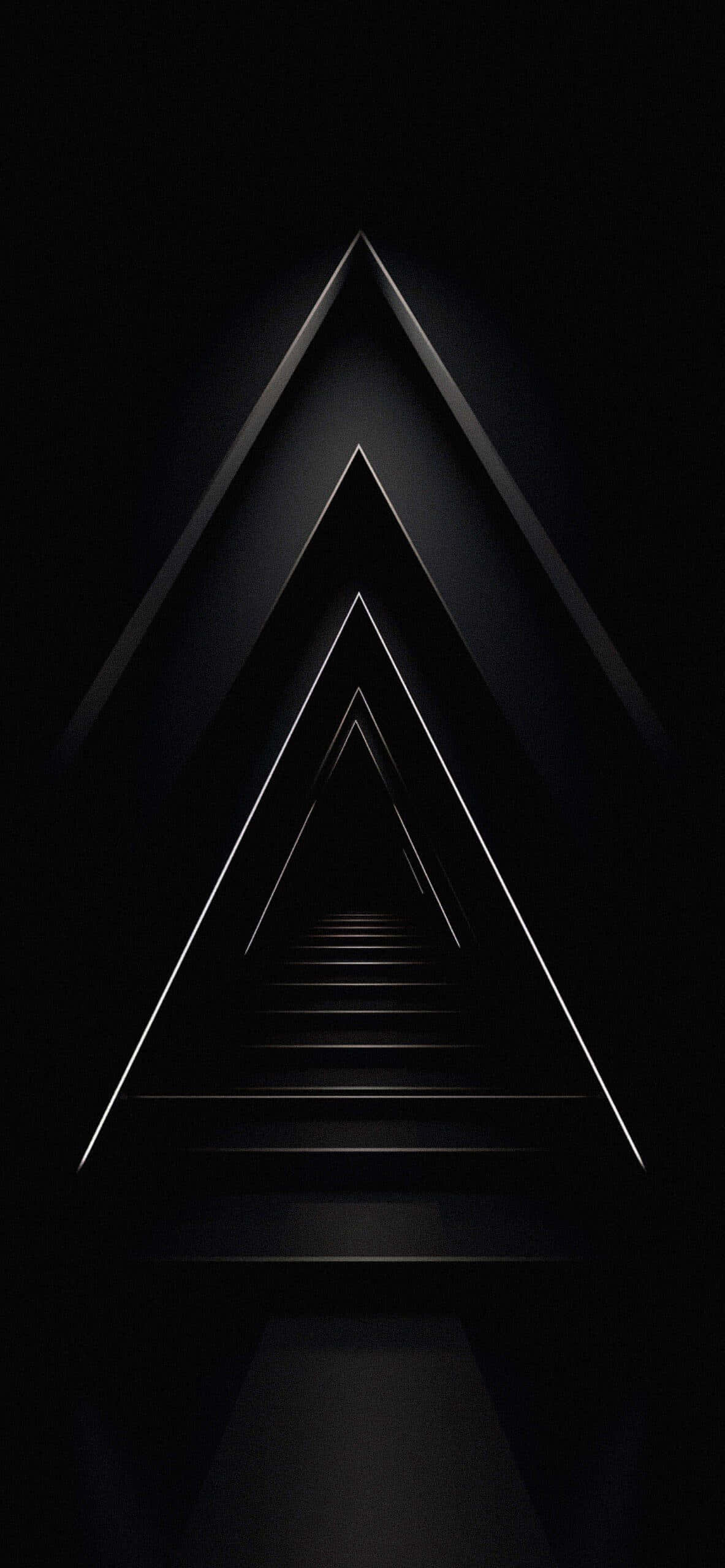 abstract triangular black grey gradient, minimalist black and white geometric wallpaper, nested glowing triangular staircases, 2K Phone Wallpaper