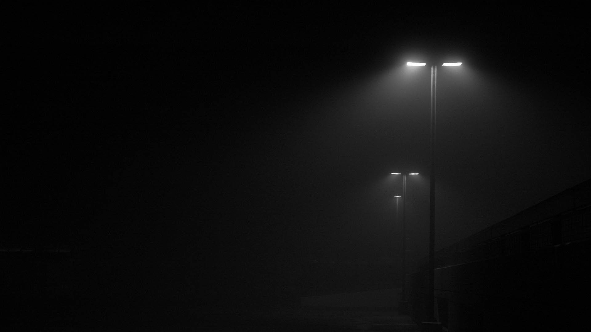 street lamps, night, fog, Full HD Desktop Wallpaper