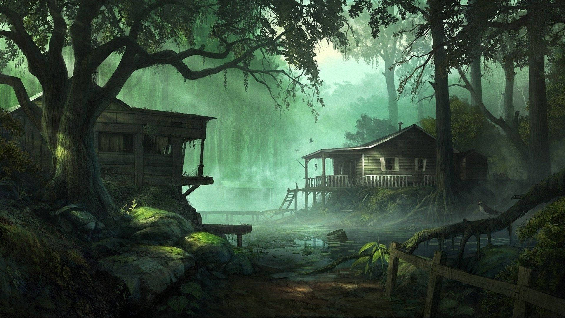 dark green forest, misty swamp, weathered wooden cabins, Full HD Desktop Wallpaper