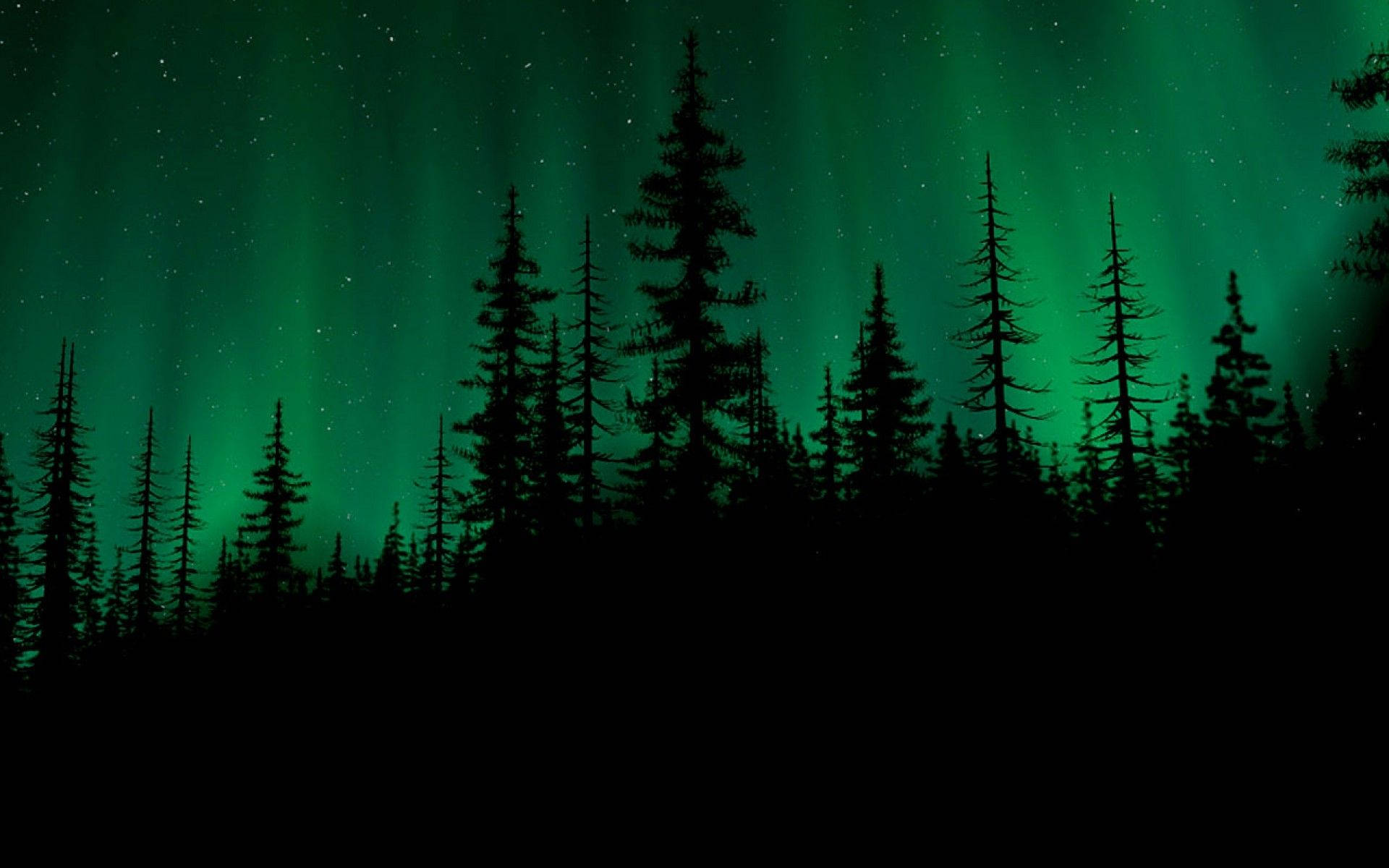 Dark Green Aurora Borealis Aesthetic, aurora borealis, dark pine silhouettes, Full HD Desktop Wallpaper