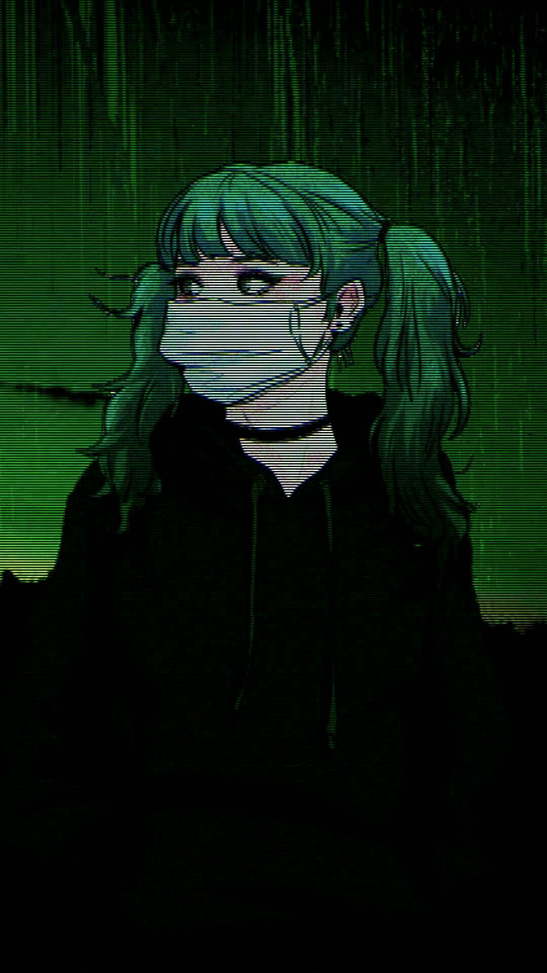 teal-haired anime girl, black hoodie, face mask, Full HD Phone Wallpaper