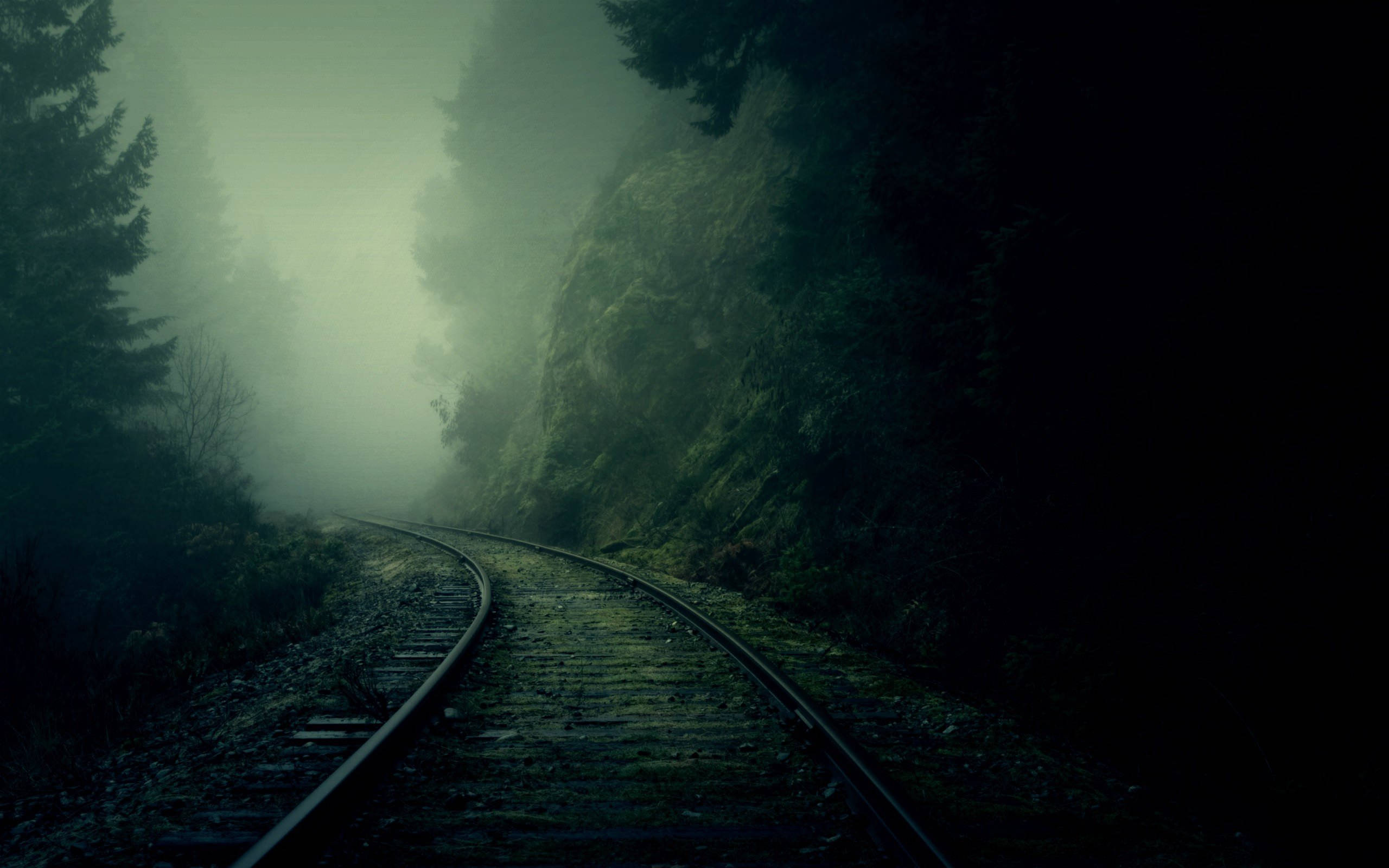 foggy dark green railway aesthetic, misty railway track, dark forest, 2K Desktop Wallpaper