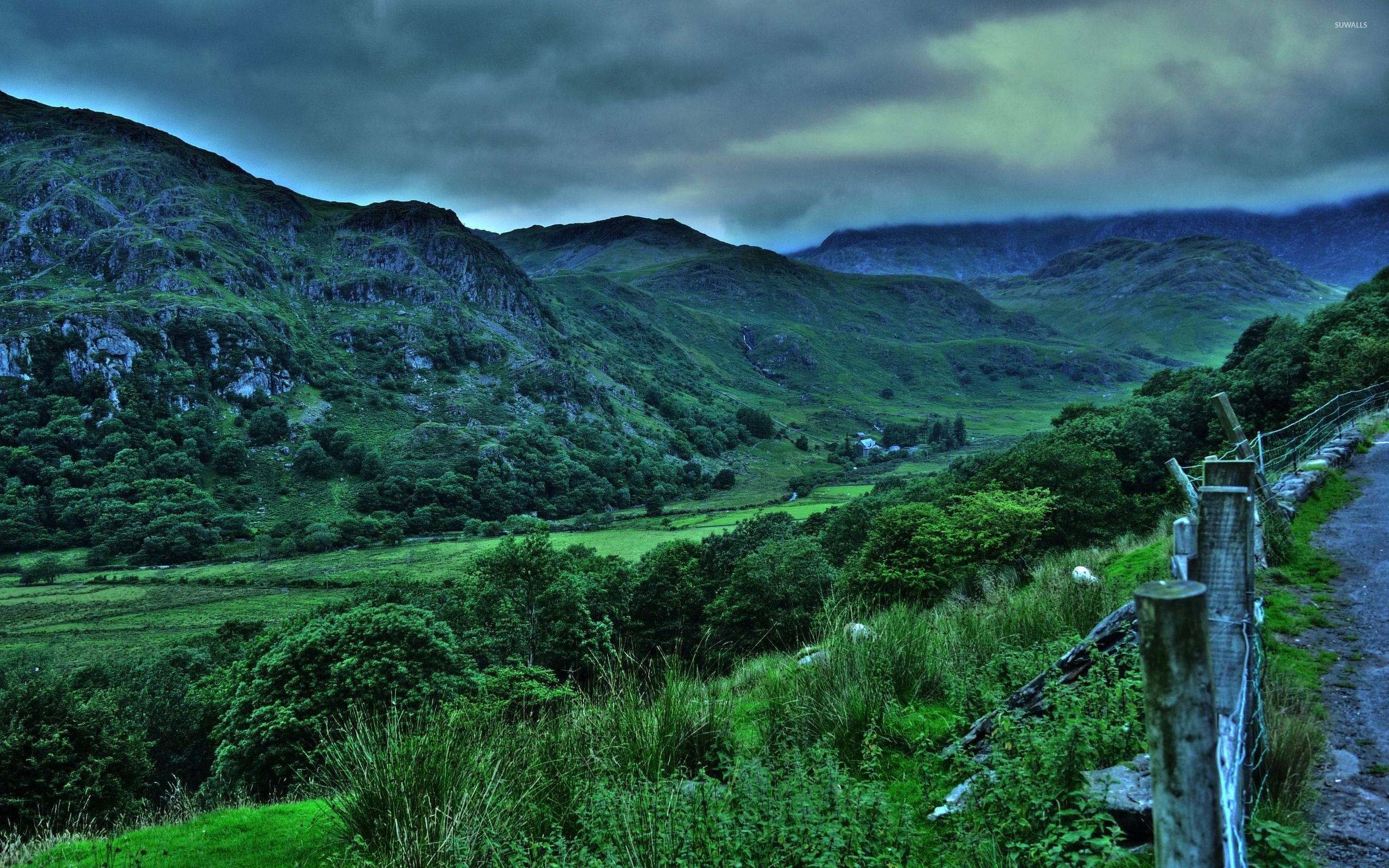 Dark Green Landscape Aesthetic, dirt path, stone fence, 2K Desktop Wallpaper