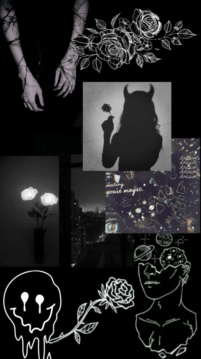 Dark Gothic Collage Aesthetic, black and white illustrations, roses, HD Phone Wallpaper