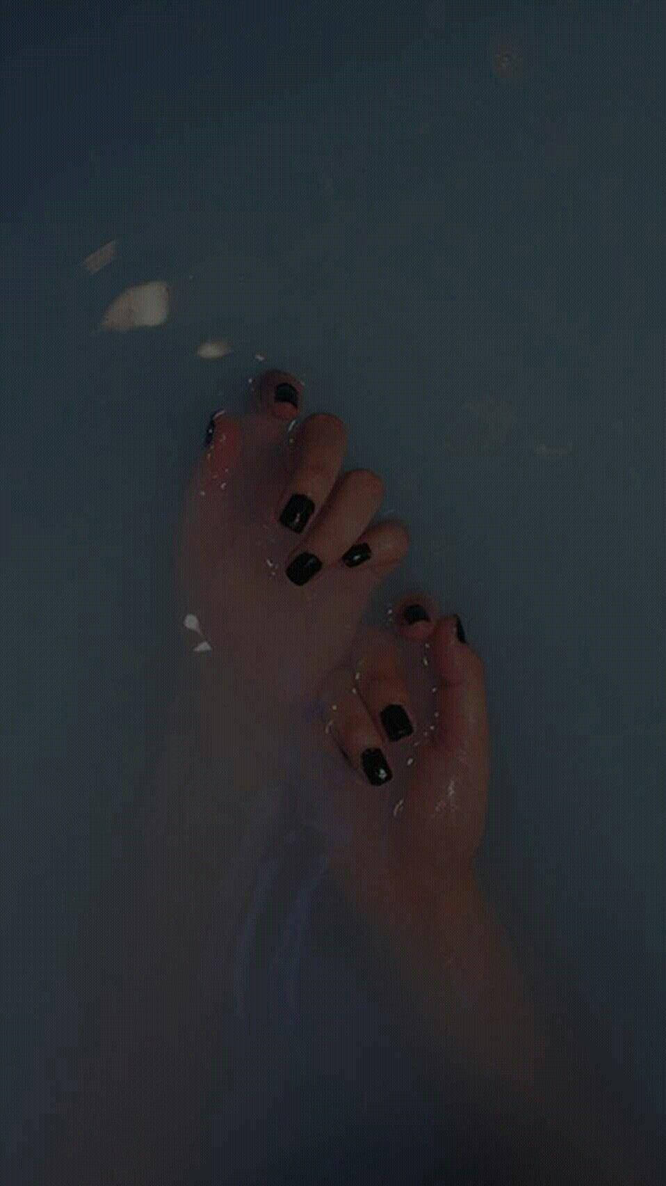 black nail polish, dark water, floating white petals, HD Phone Wallpaper
