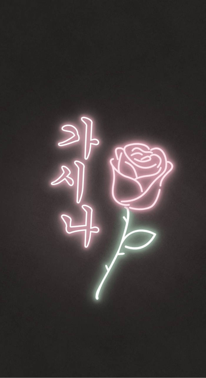 neon pink rose, Korean text, dark background, HD Phone Wallpaper
