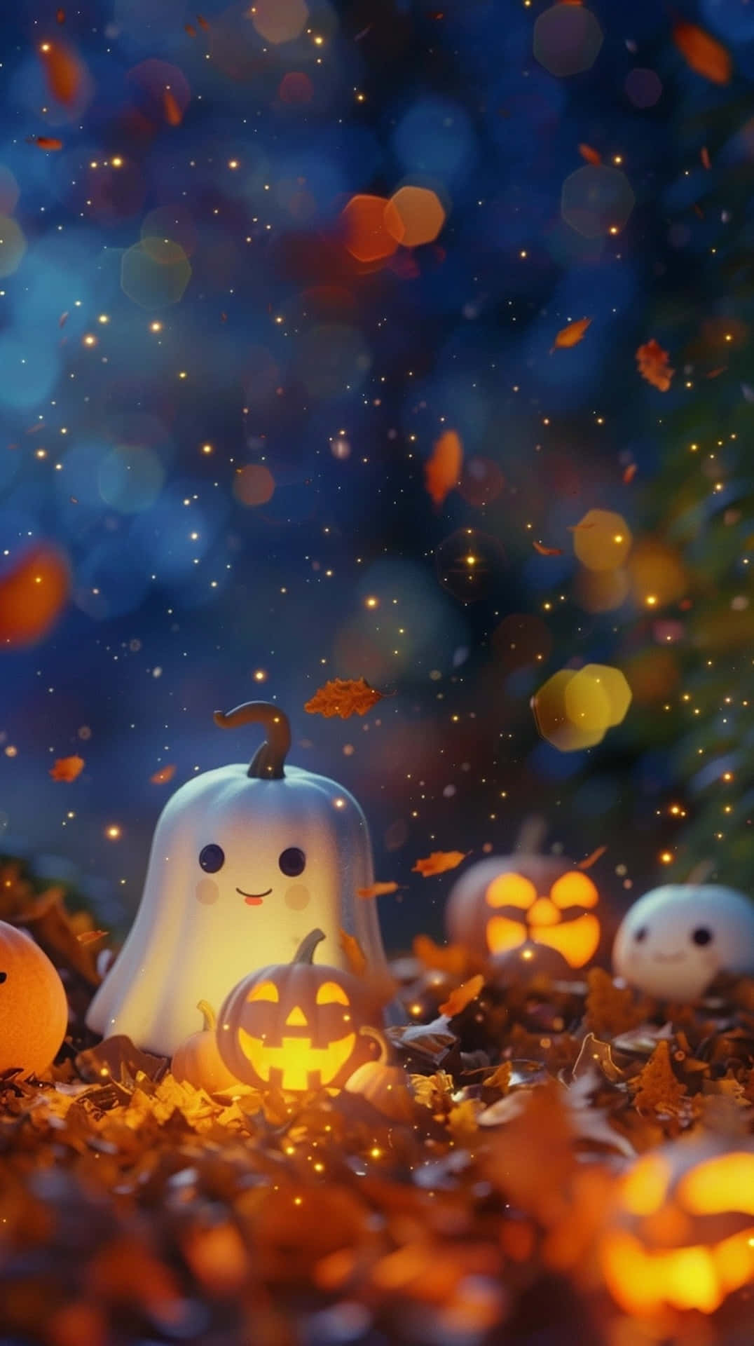 enchanted halloween night, glowing ghost, pumpkin hat, Full HD Phone Wallpaper