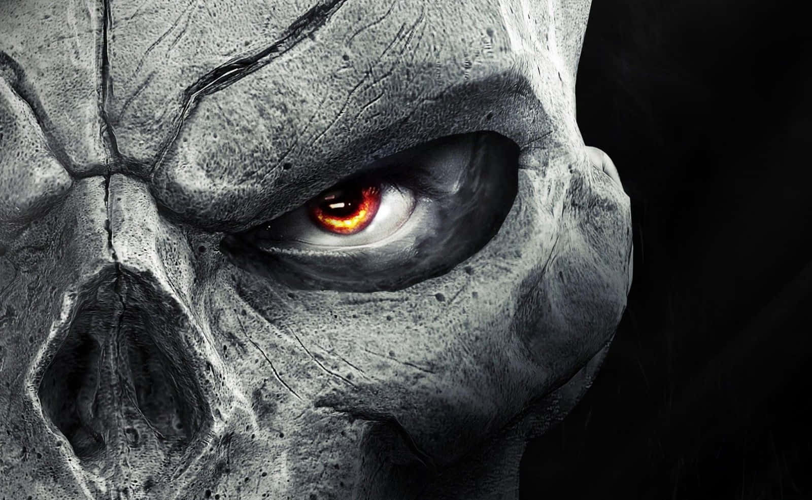 cracked gray skull, glowing fiery orange eye, black background, HD Desktop Wallpaper