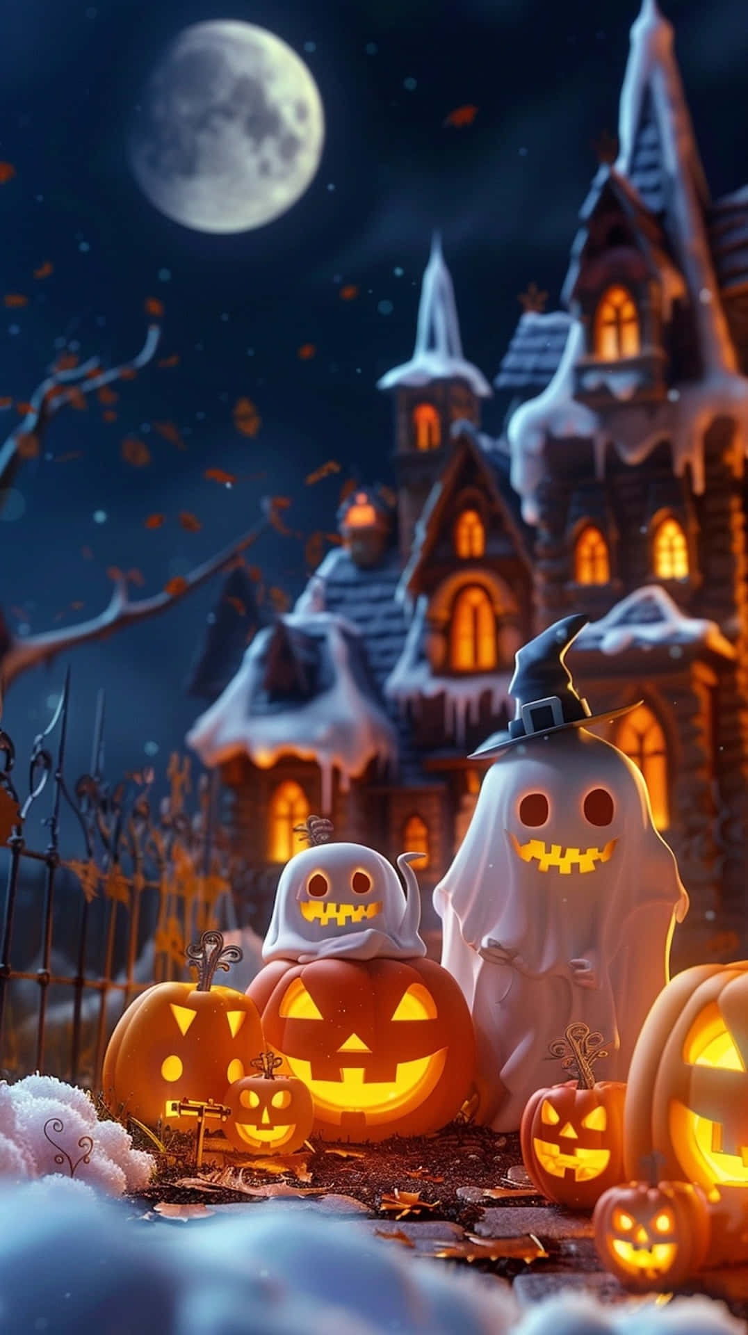 Enchanted Halloween Night, jack-o-lanterns, ghosts, Full HD Phone Wallpaper