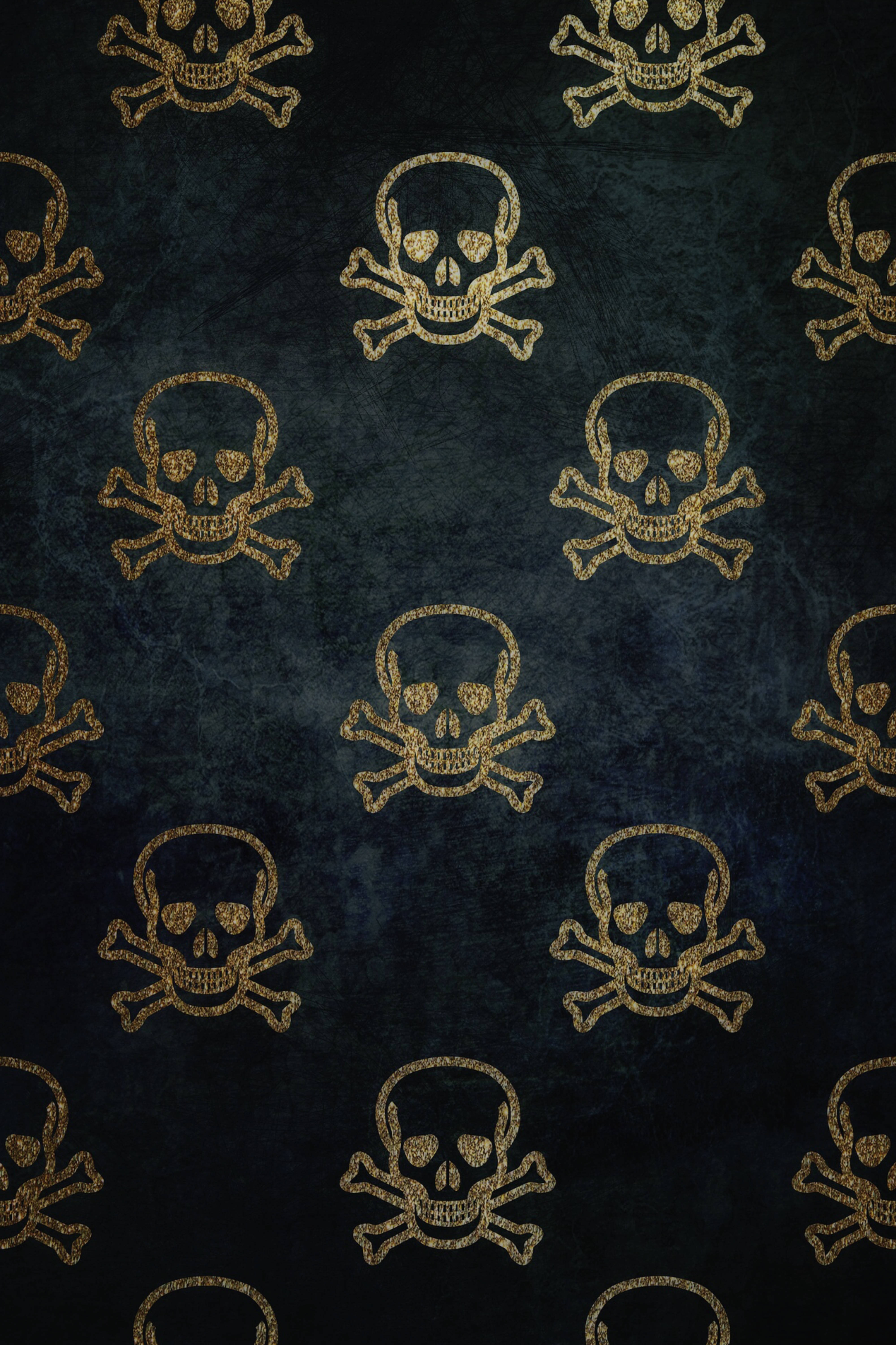 skull and crossbones pattern, golden skull, textured dark teal background, 5K Phone Wallpaper