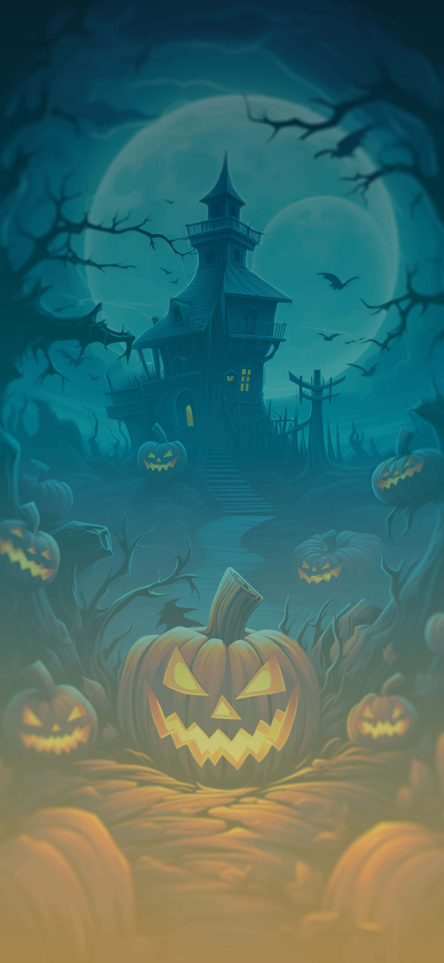 jack-o-lantern, haunted mansion, full moon, 2K Phone Wallpaper