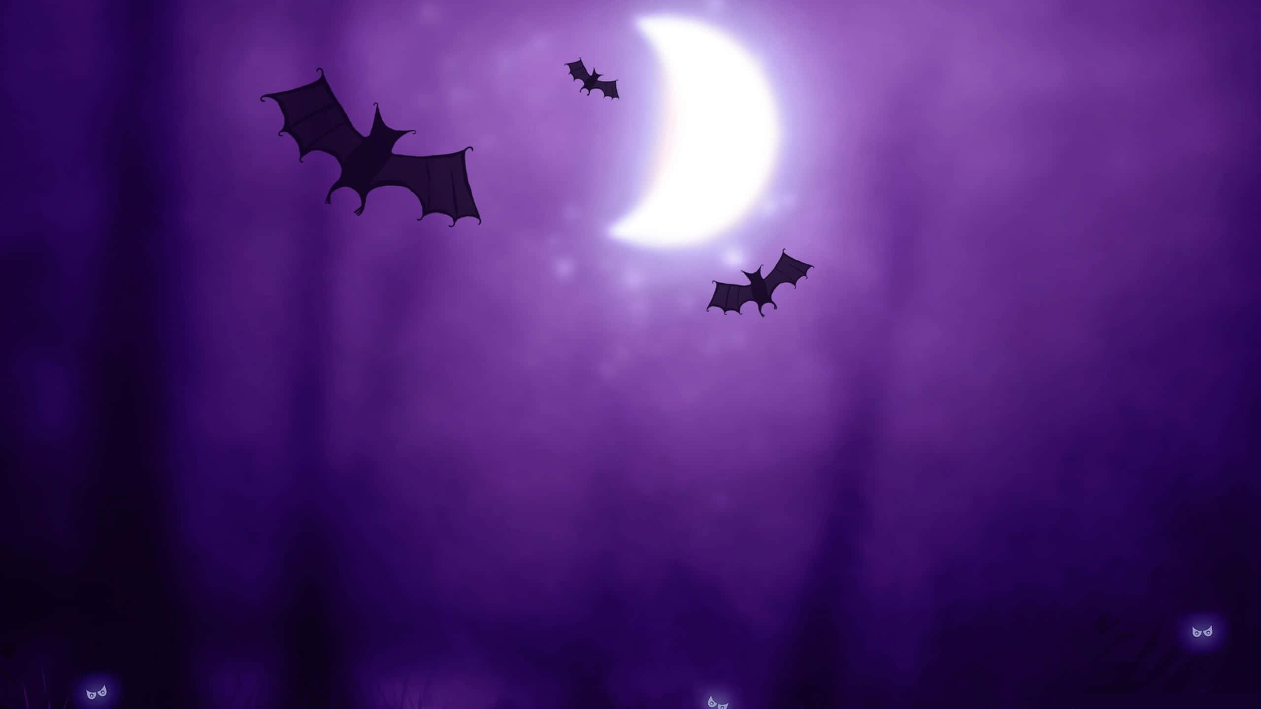 Dark Halloween Bats Moonlight, crescent moon, misty purple night sky, 2K Desktop Wallpaper