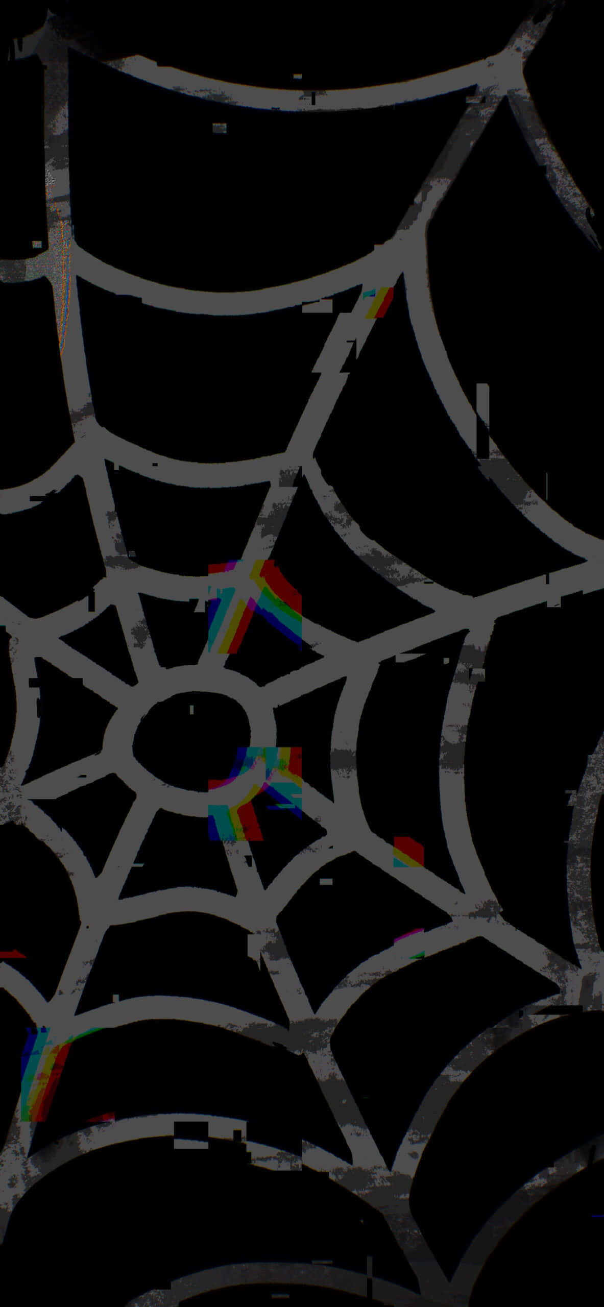 Dark Spiderweb Halloween Aesthetic, gray lines, rainbow pixel glitches, 2K Phone Wallpaper