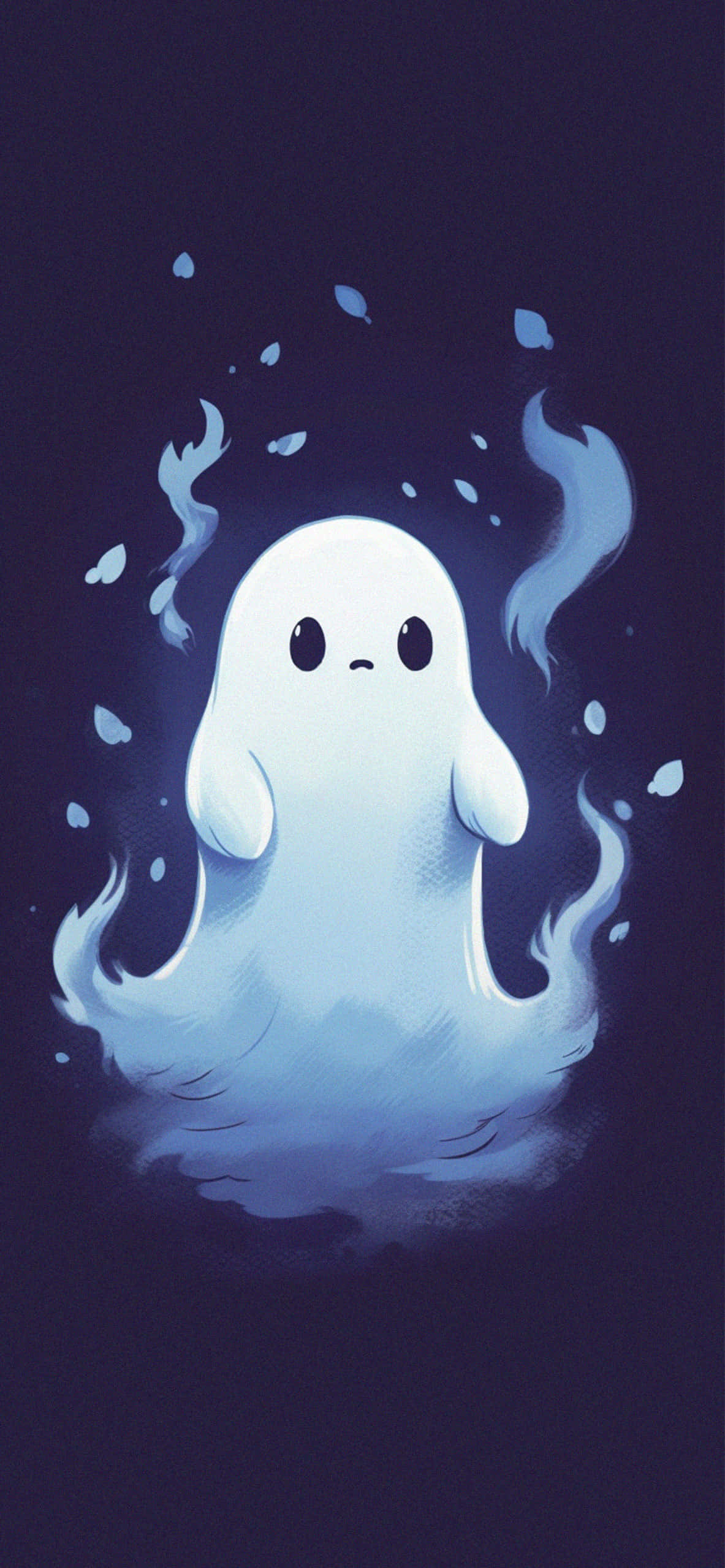 glowing white ghost, big black eyes, dark blue background, 2K Phone Wallpaper