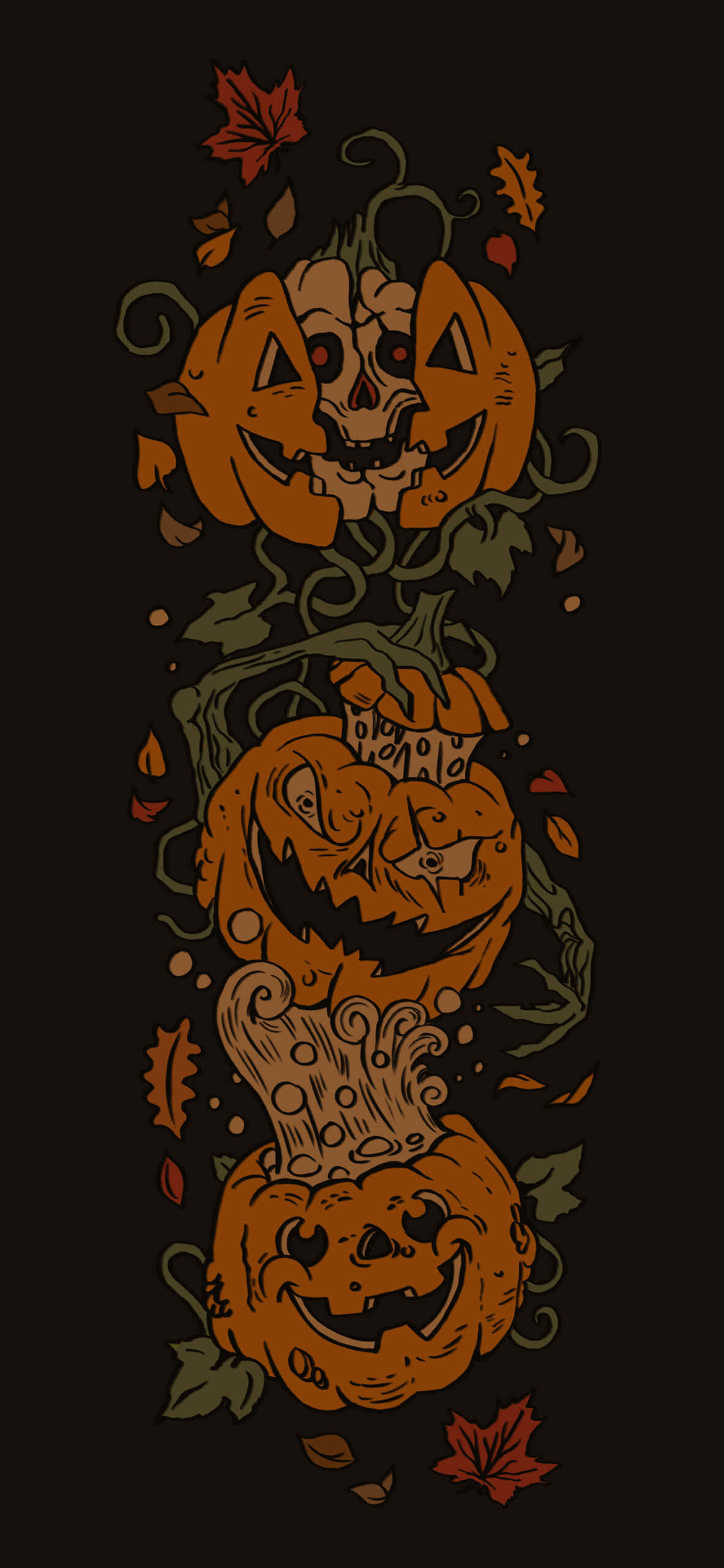 stacked jack-o-lanterns, skull faces, glowing eyes, 2K Phone Wallpaper
