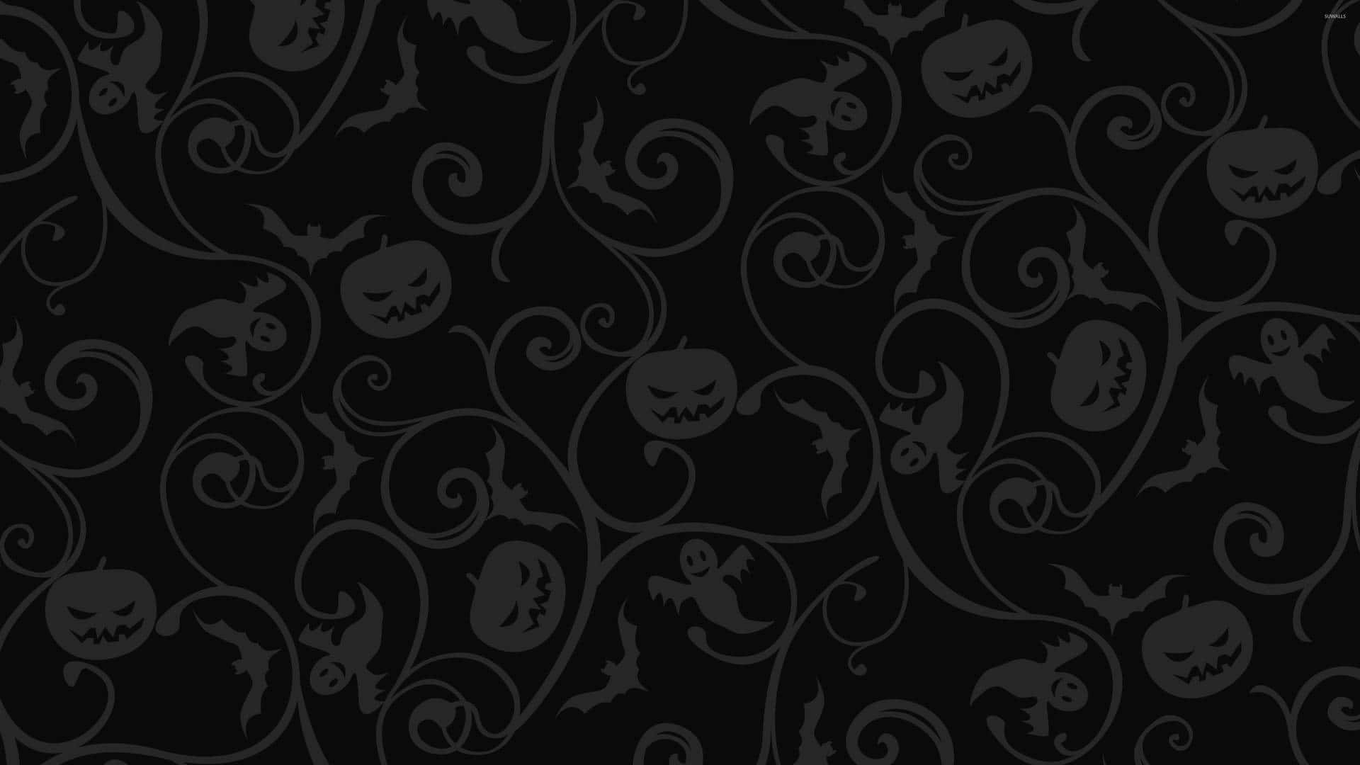 Black Halloween Pattern, swirling vines, spooky jack-o-lanterns, Full HD Desktop Wallpaper