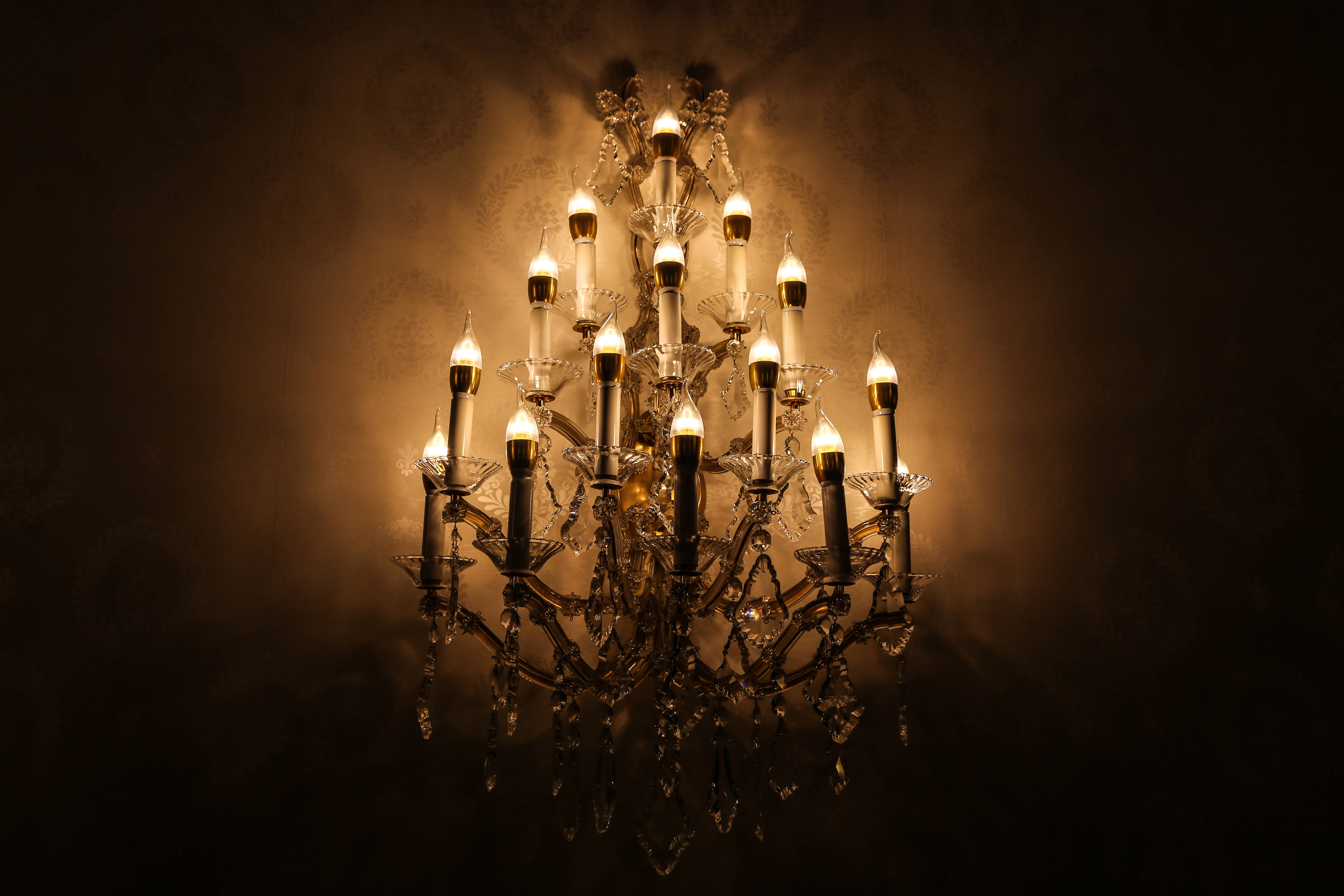 Dark Halloween, vintage wall light, crystal chandelier, 5K Desktop Wallpaper