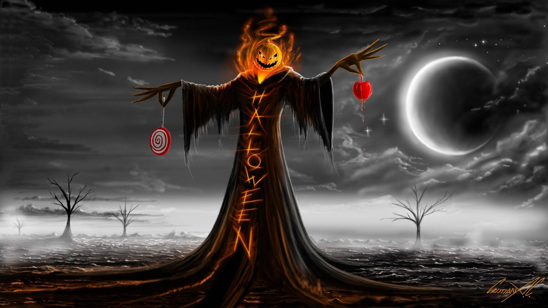Dark Halloween, jack-o'-lantern-headed scarecrow, glowing orange eyes, Full HD Desktop Wallpaper