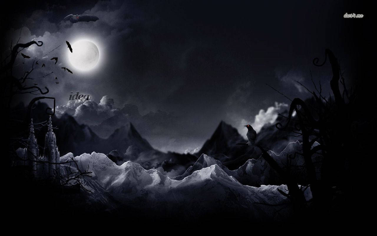 Dark Halloween Mountain, moonlit mountain landscape, gothic castle silhouette, HD Desktop Wallpaper