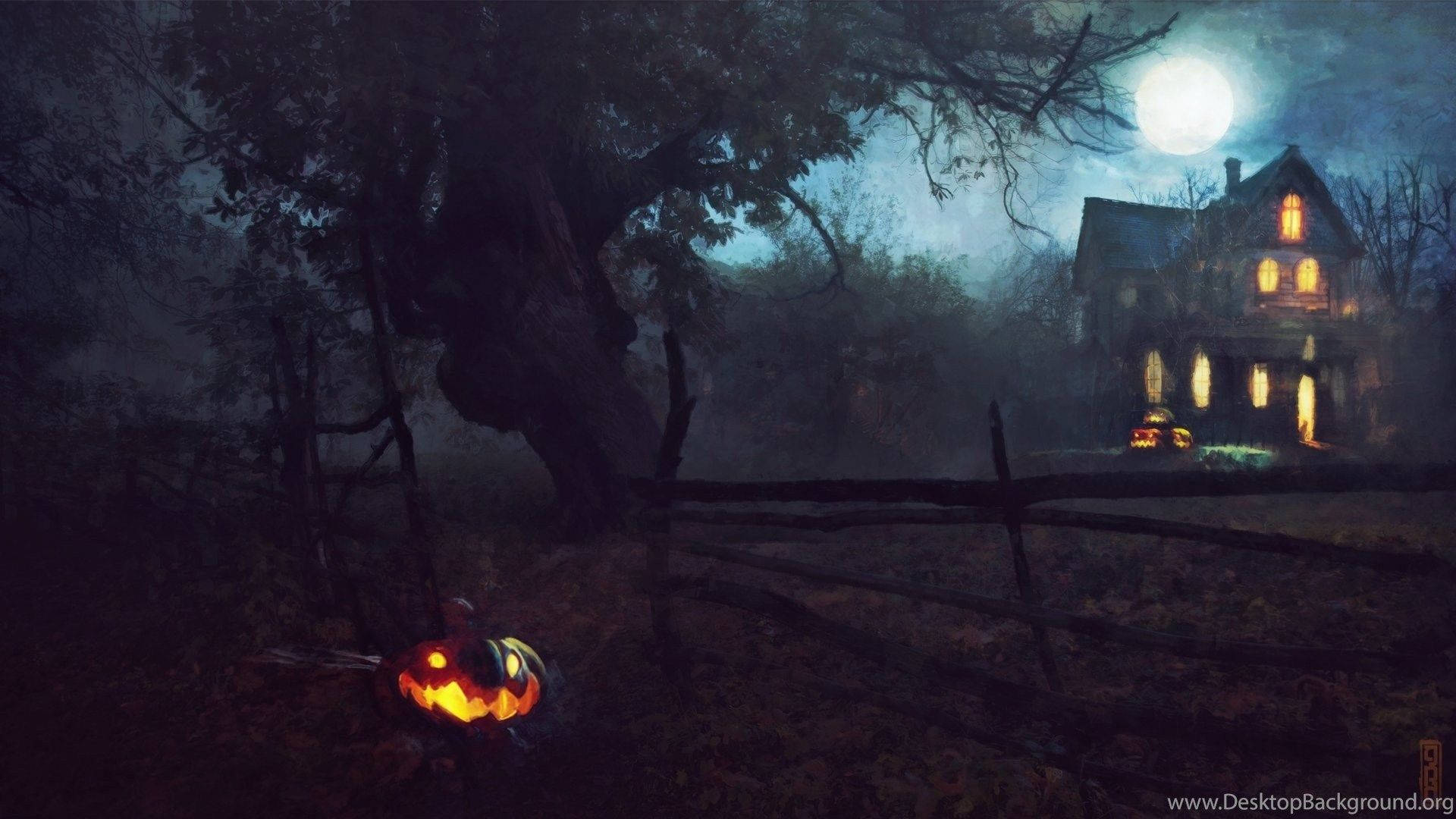 jack-o'-lantern, misty graveyard, haunted house, Full HD Desktop Wallpaper