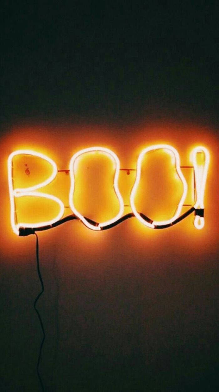 Dark Halloween, BOO!, glowing orange neon sign, SD Phone Wallpaper
