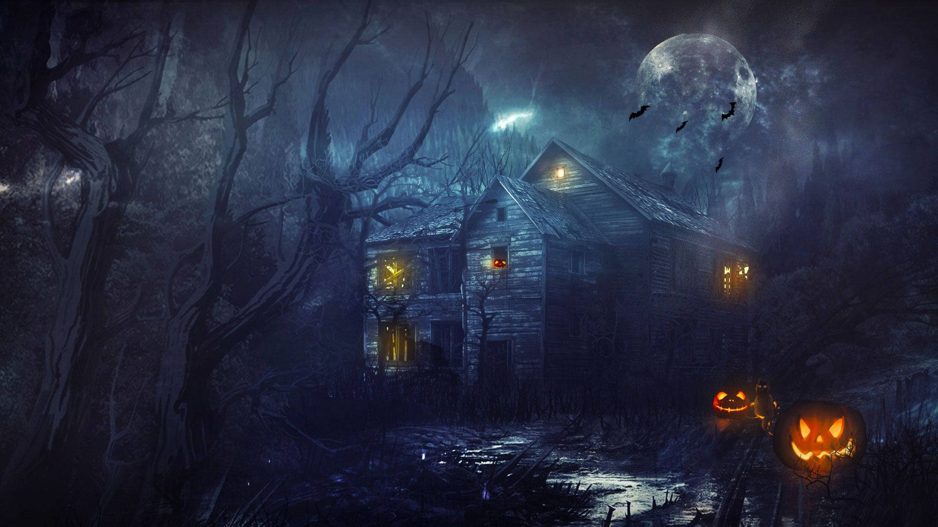 Dark Halloween, haunted house, full moon, Full HD Desktop Wallpaper