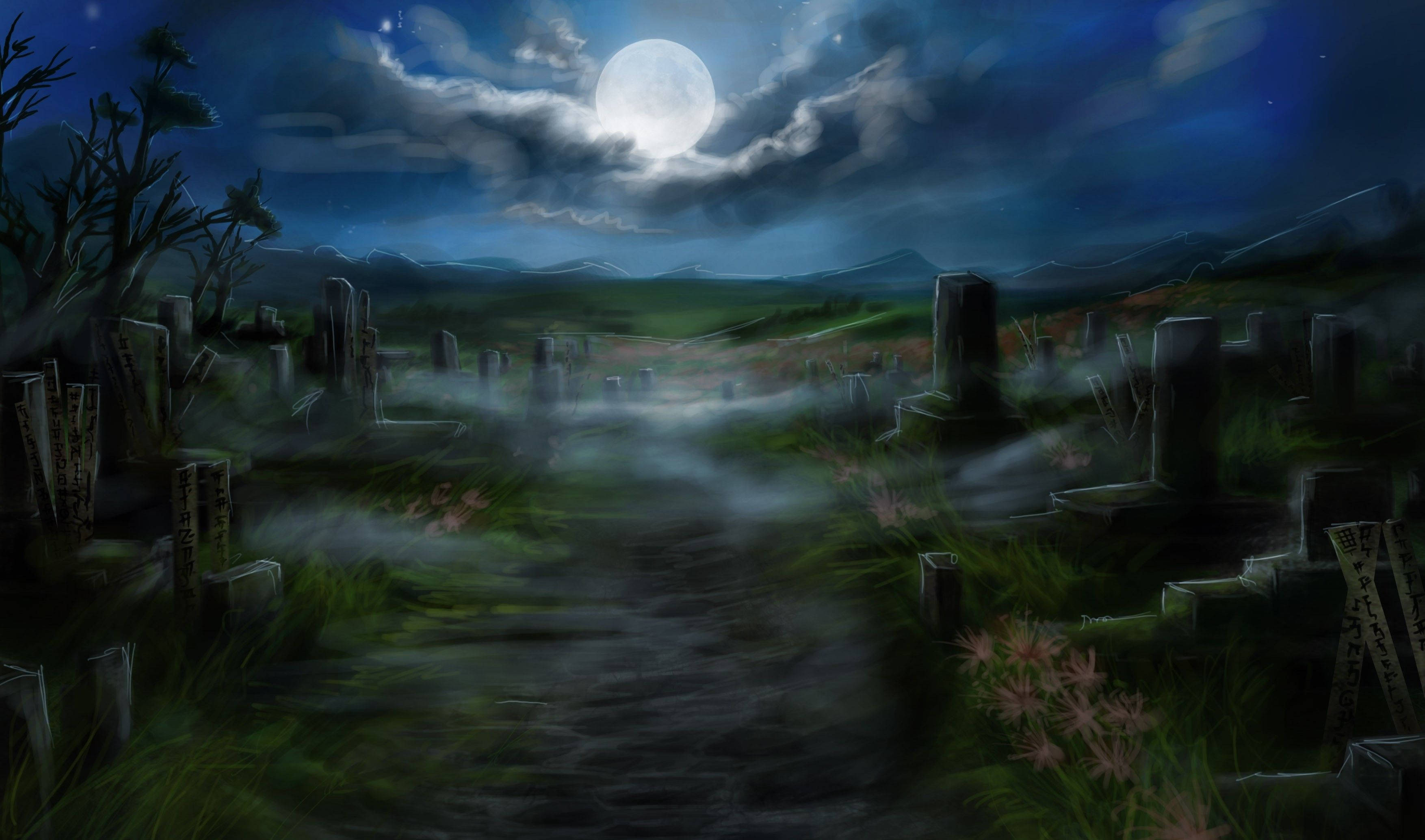 Dark Halloween, graveyard, moonlit, 2K Desktop Wallpaper