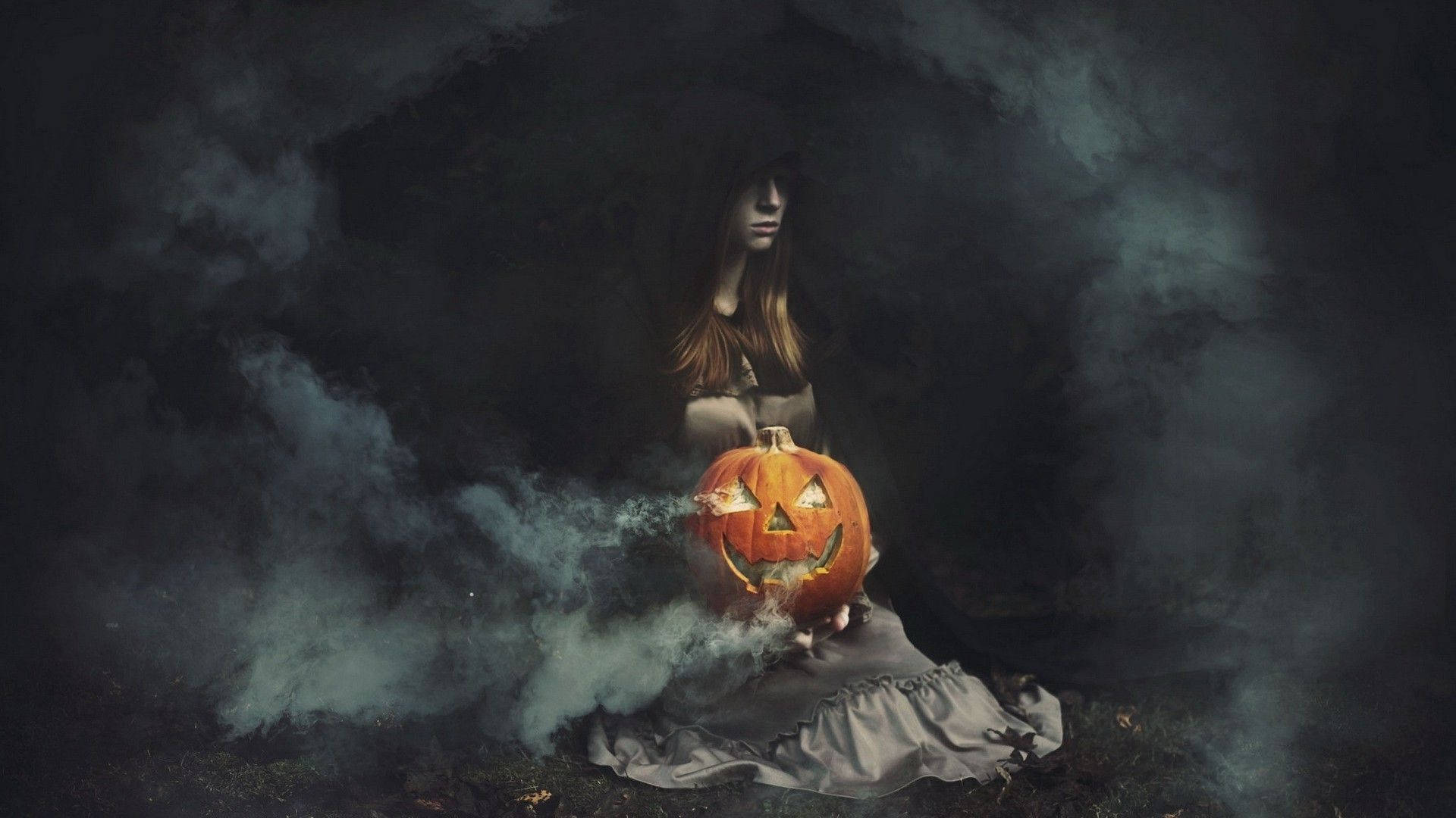 Dark Halloween, pumpkin girl, glowing jack-o-lantern, Full HD Desktop Wallpaper