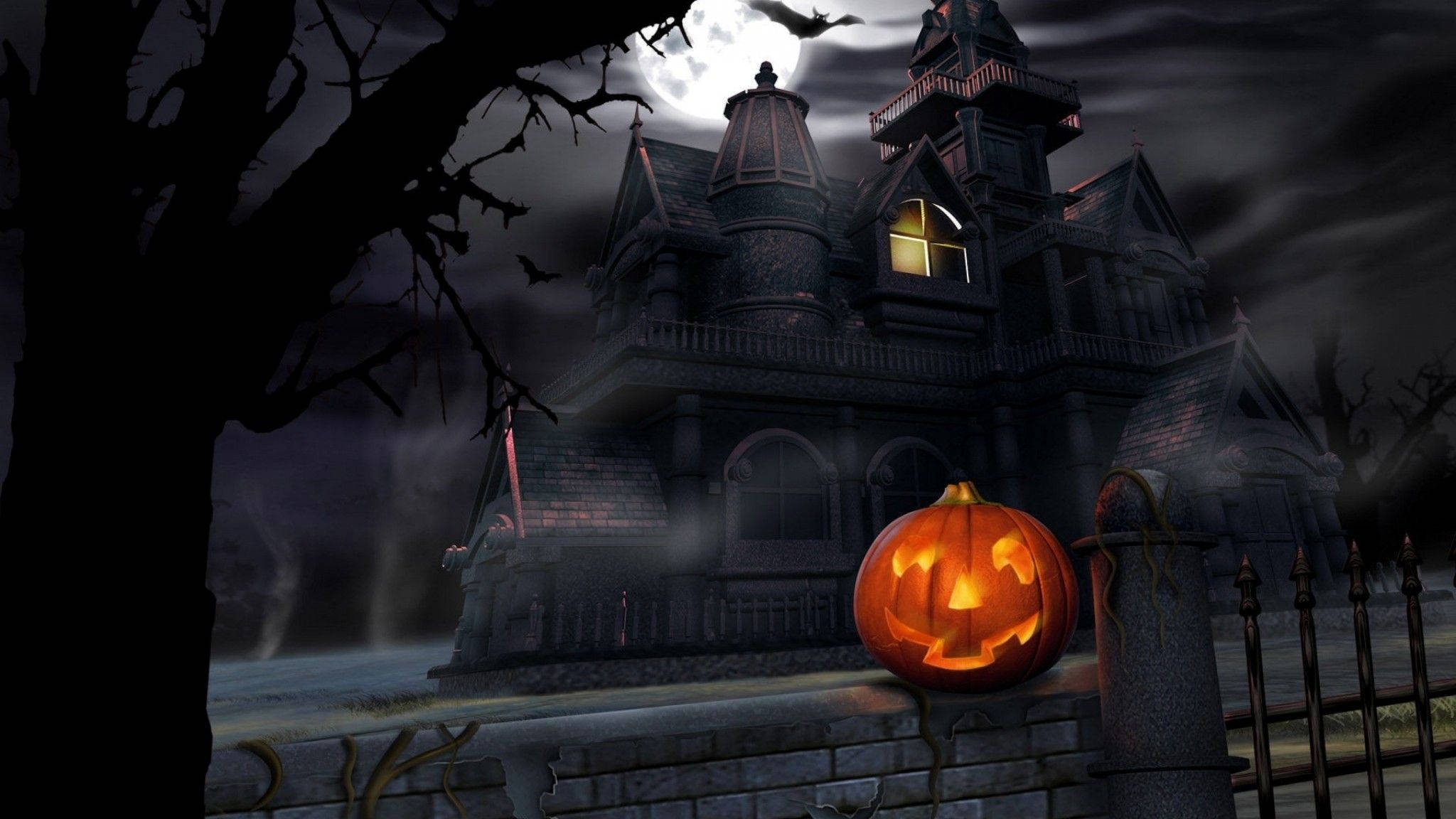 Dark Halloween Night, jack-o'-lantern, haunted mansion, Full HD Desktop Wallpaper