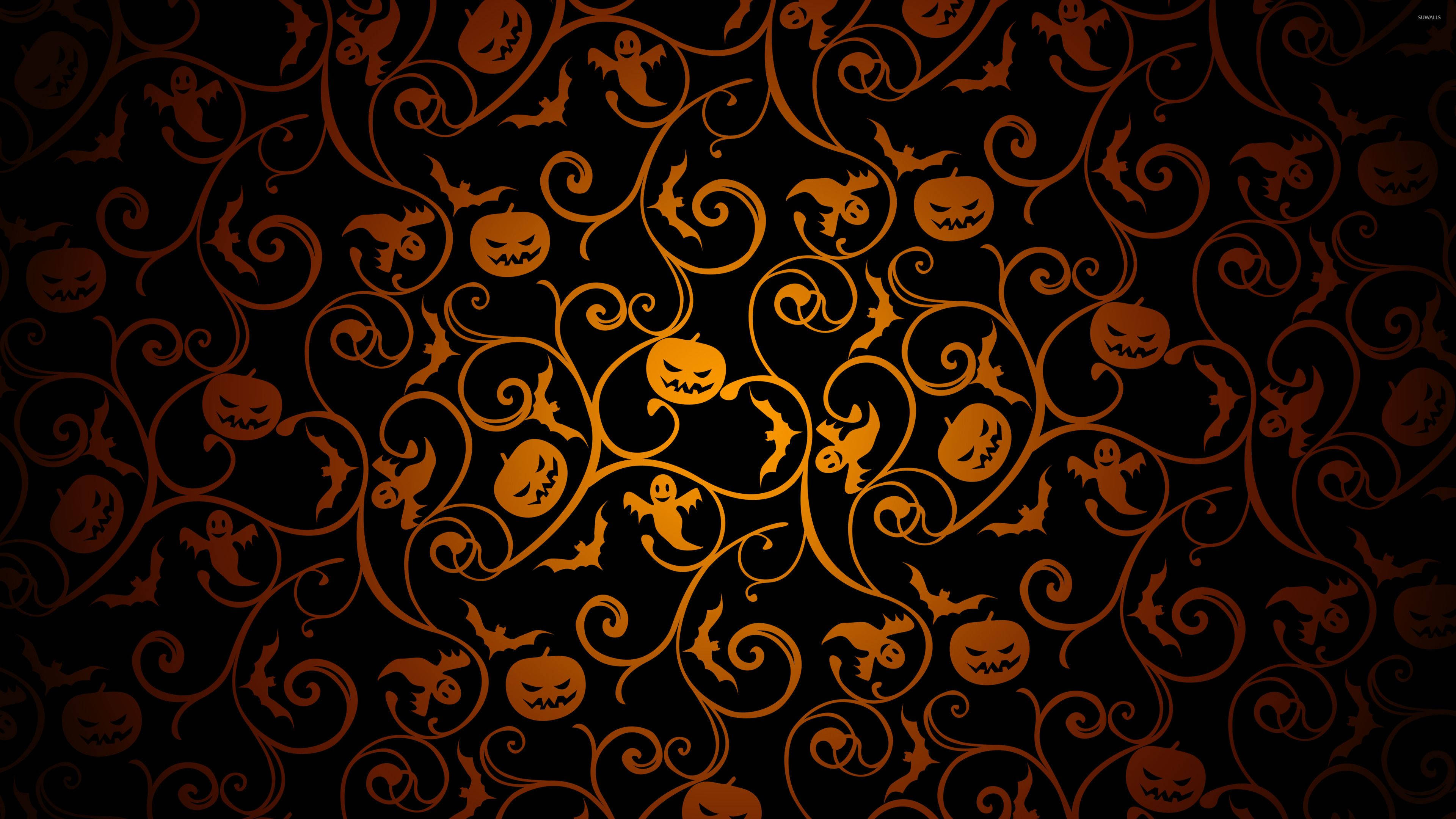 Dark Halloween, orange vines, jack-o'-lanterns, 4K Desktop Wallpaper