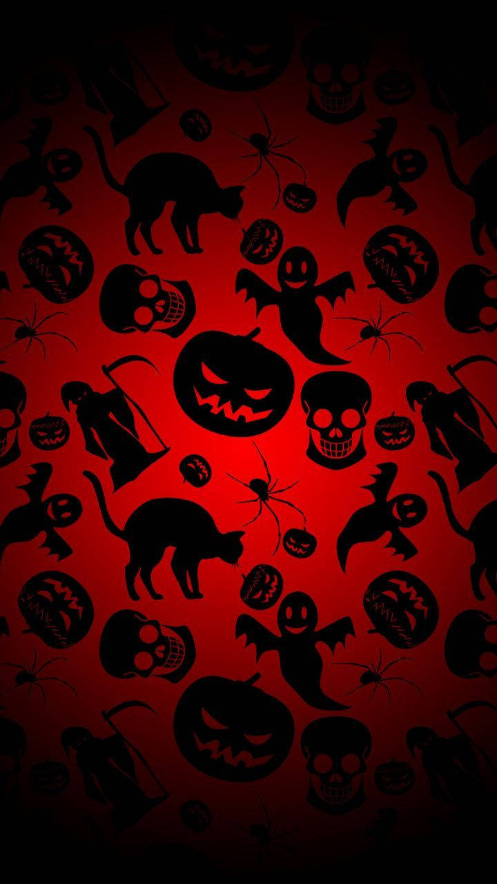 Dark Halloween Decors Pattern, vibrant red, black Halloween silhouettes, HD Phone Wallpaper