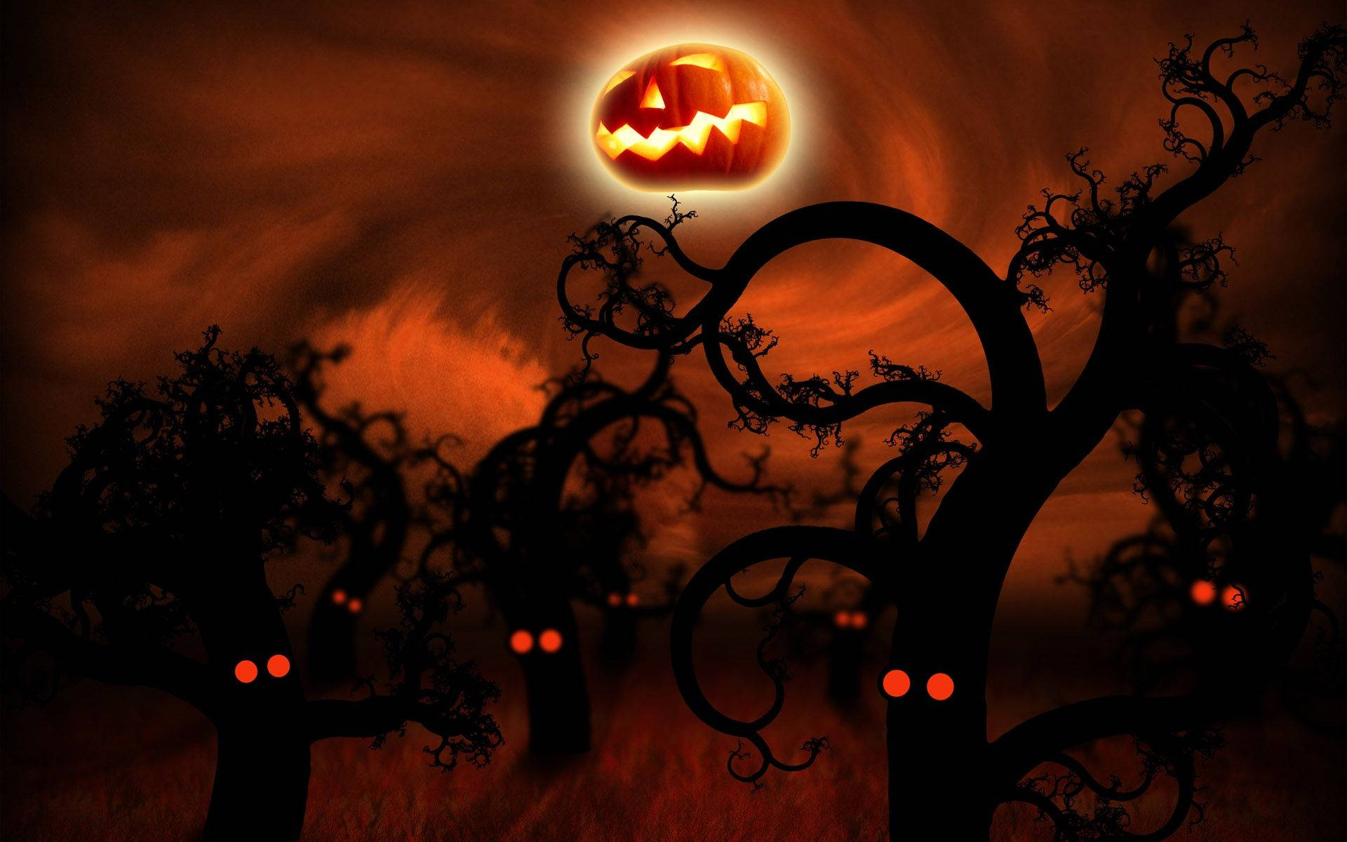 Dark Halloween, jack-o-lantern moon, twisted trees, Full HD Desktop Wallpaper