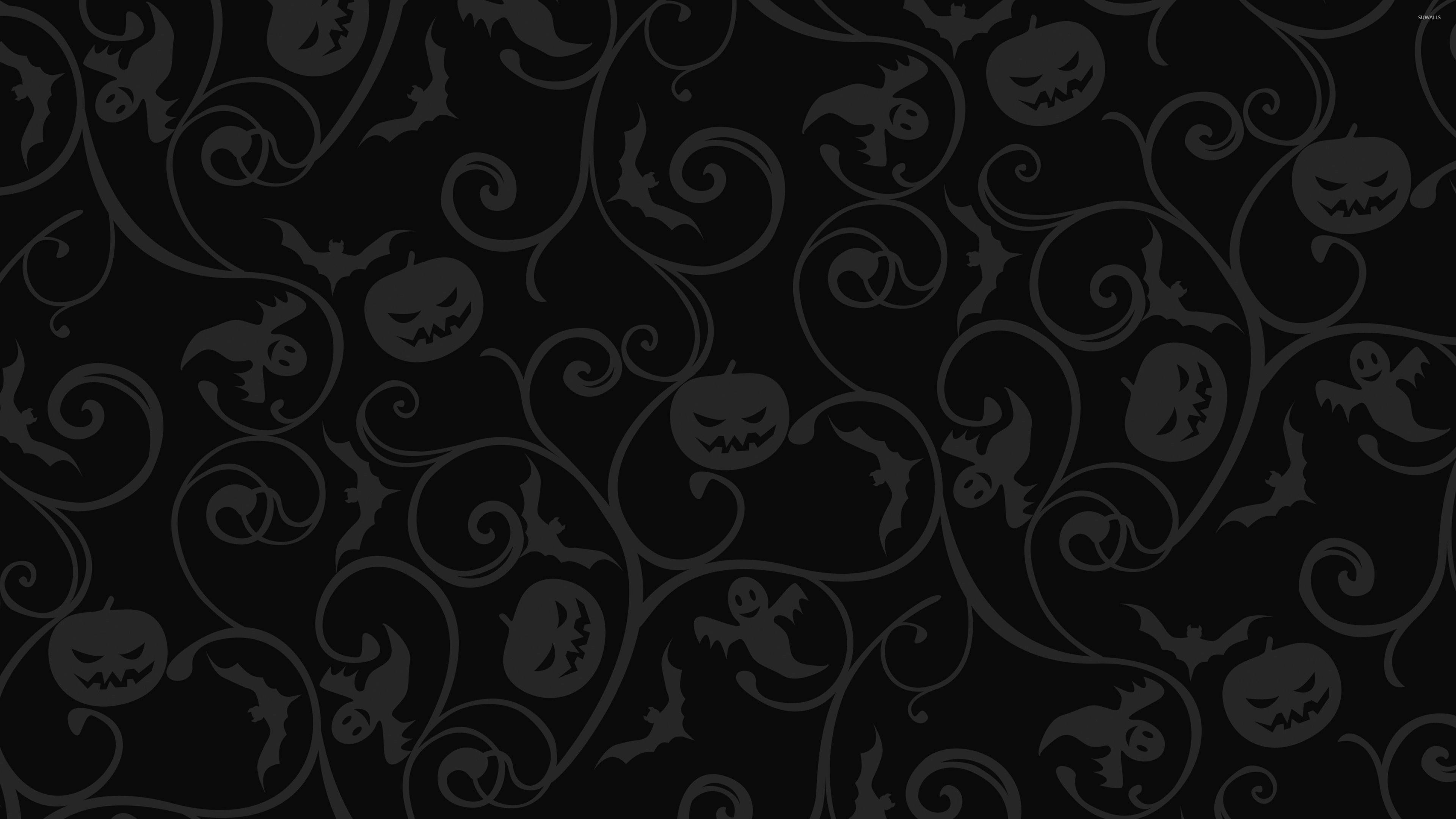 Dark Halloween, pumpkin bats pattern, swirling vines, 4K Desktop Wallpaper