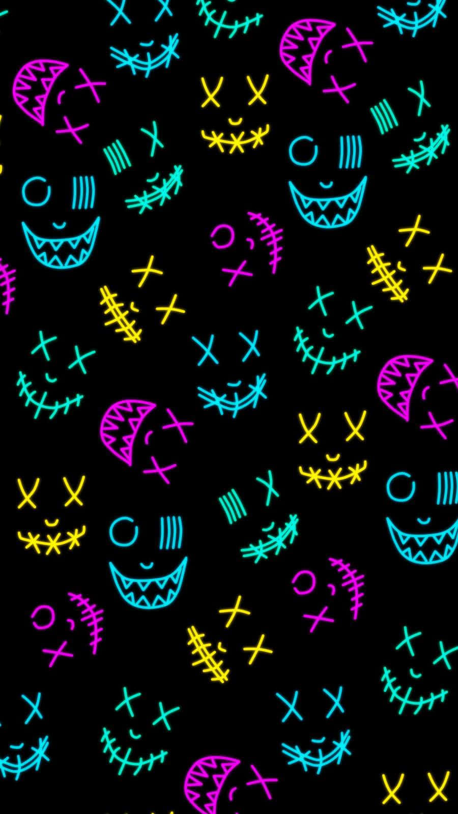 neon halloween, black background, neon-colored stitched faces, HD Phone Wallpaper