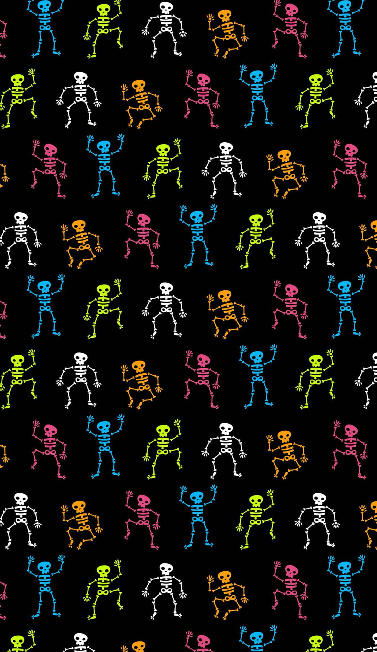 neon skeletons, black background, repeating pattern, Full HD Phone Wallpaper