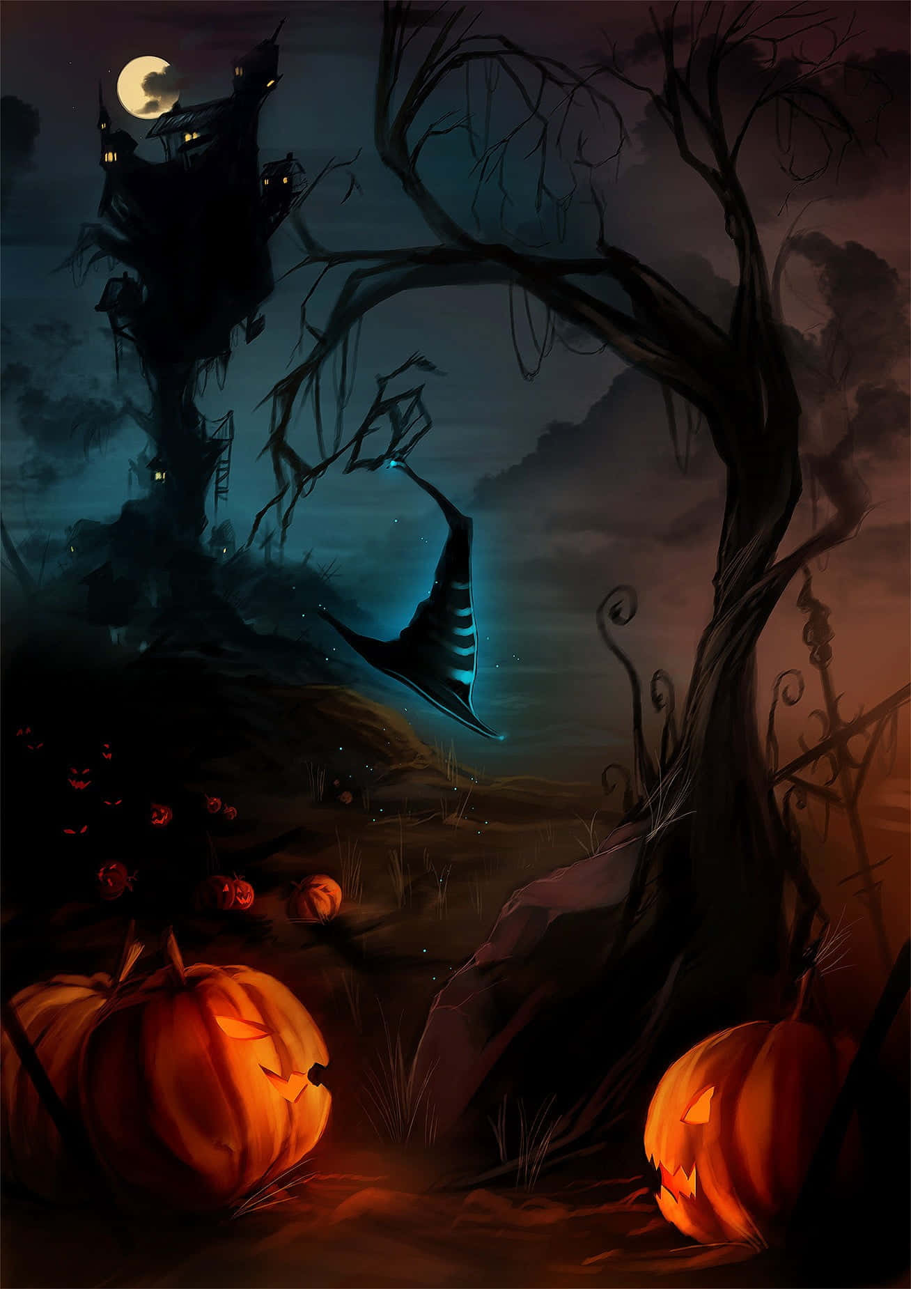 witch, broomstick, glowing jack-o-lanterns, HD Phone Wallpaper