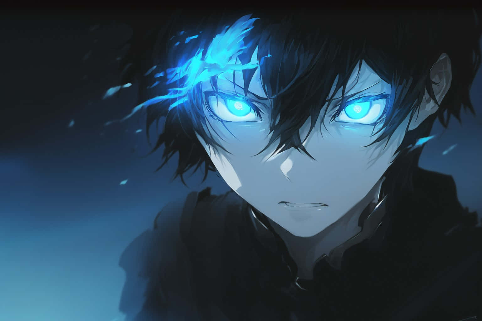 mysterious blue eyed anime boy, glowing blue eyes, electric blue hair streaks, HD Desktop Wallpaper