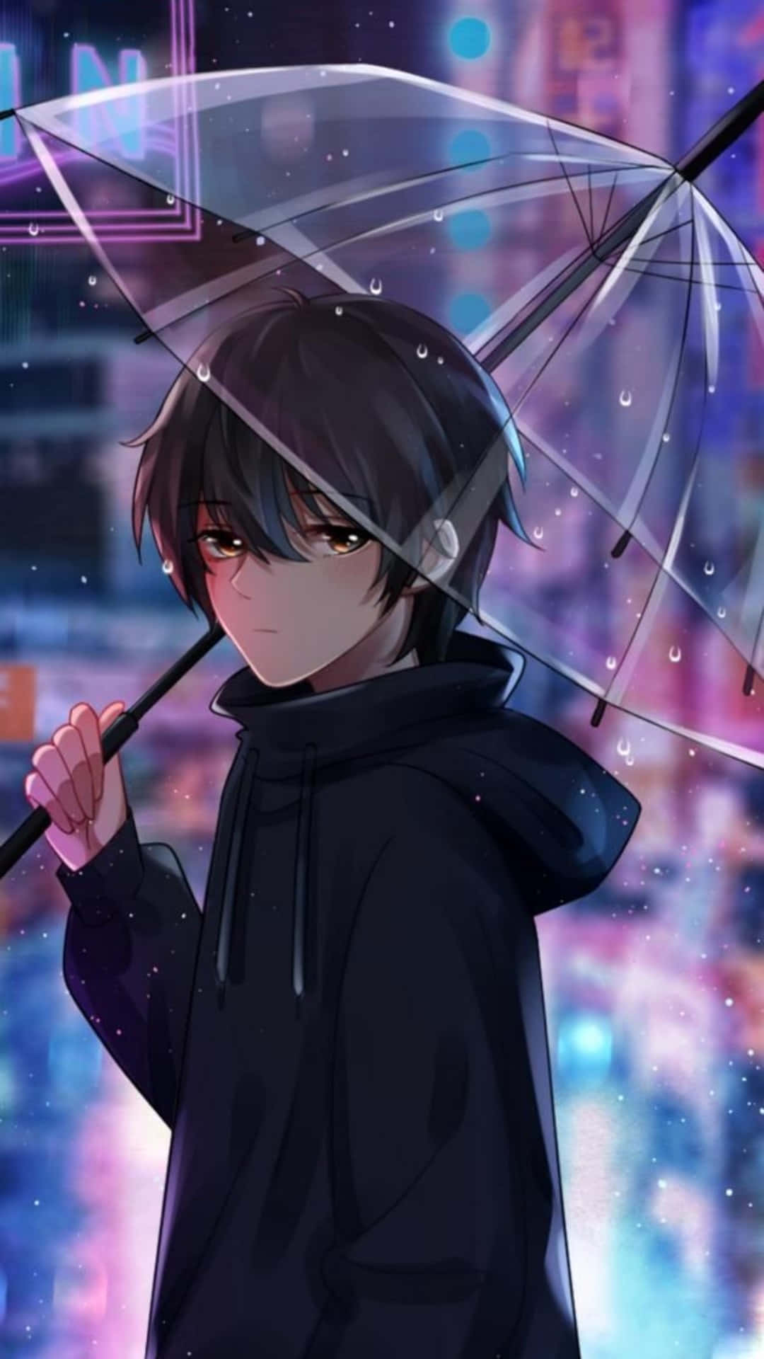 mysterious anime boy, clear umbrella, vibrant neon cityscape, Full HD Phone Wallpaper