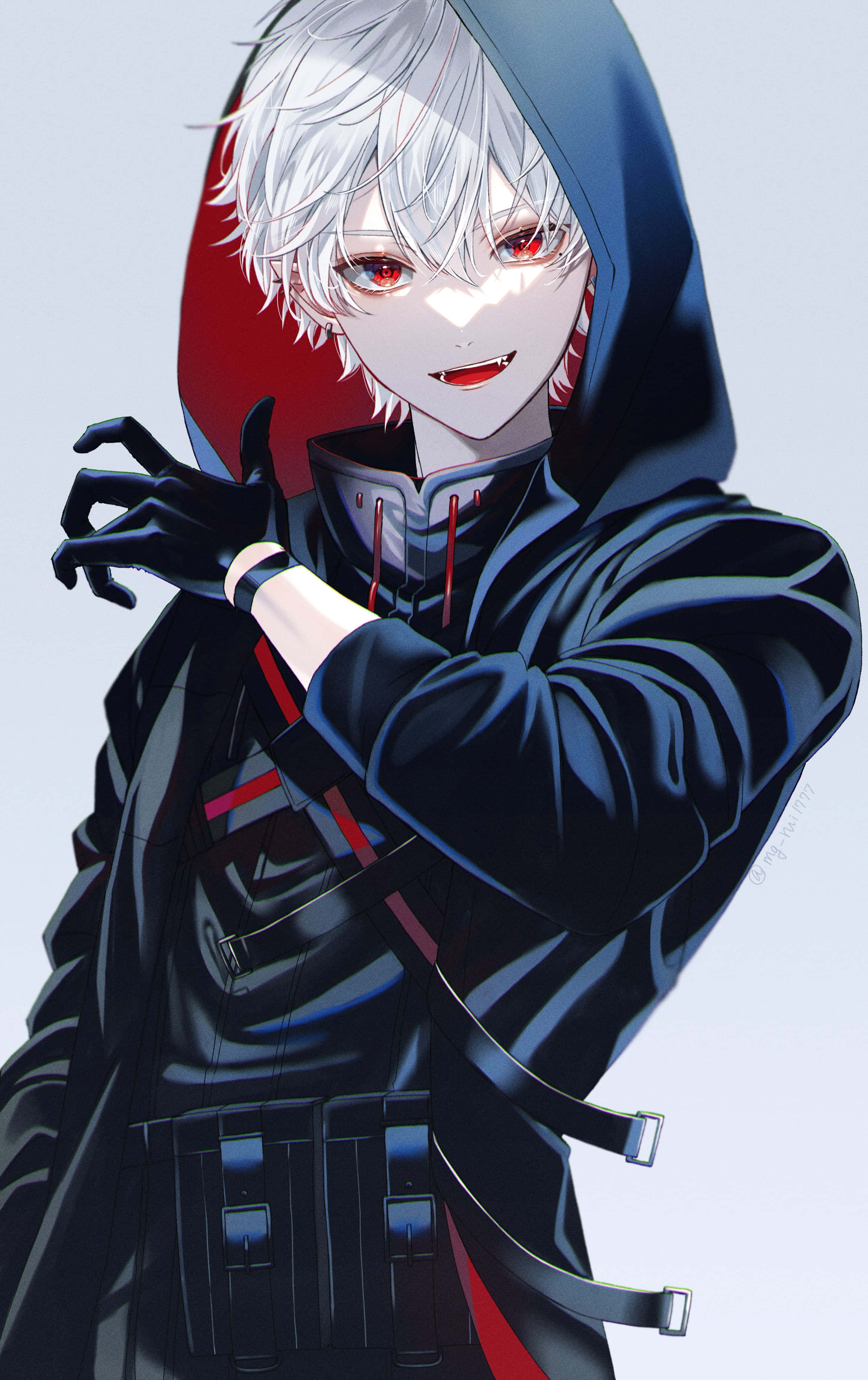 silver-haired, dark hooded outfit, red eyes, 2K Phone Wallpaper