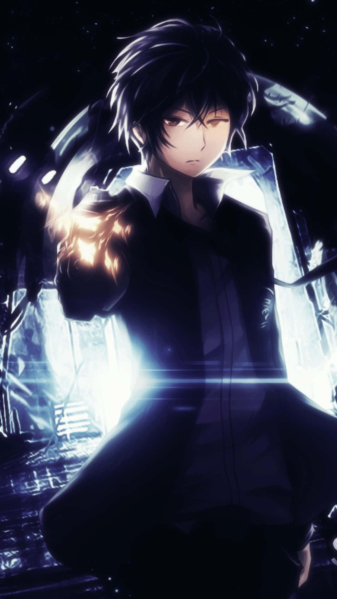dark-haired anime boy, black suit, glowing orange energy, Full HD Phone Wallpaper