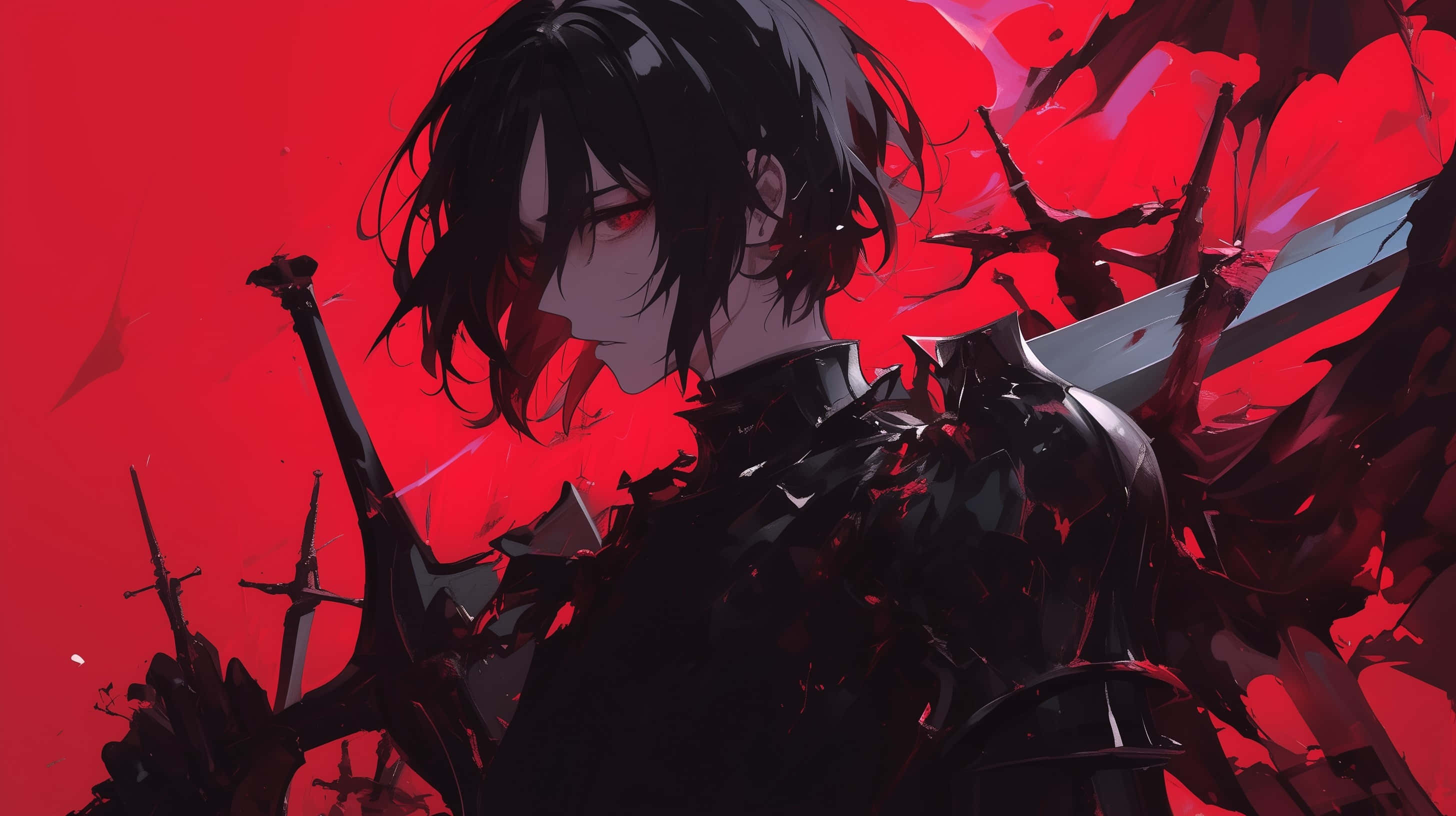 dark-haired anime warrior, black armor, shattered swords, 2K Desktop Wallpaper