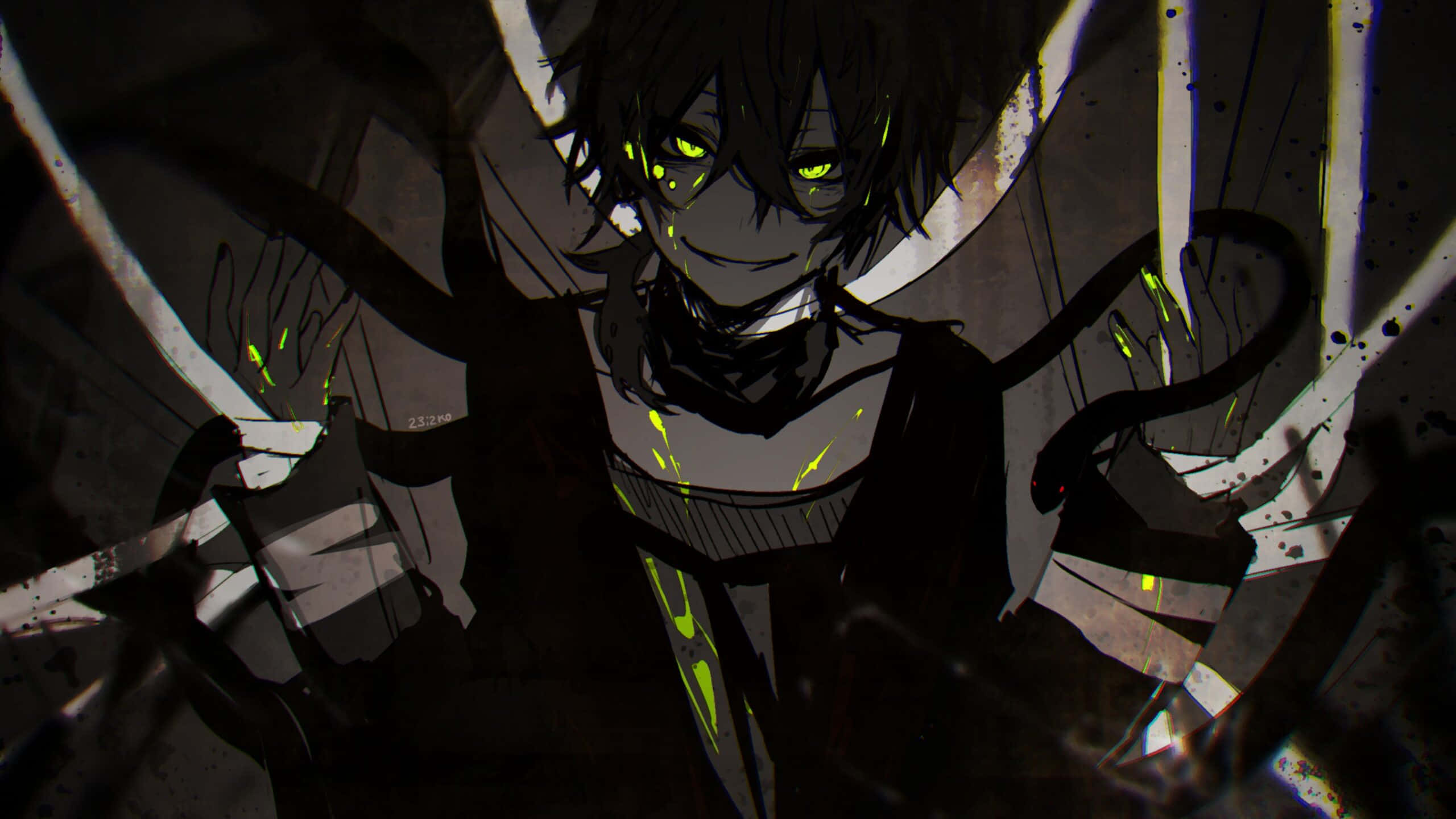 mysterious anime boy, glowing green eyes, black hair, 2K Desktop Wallpaper