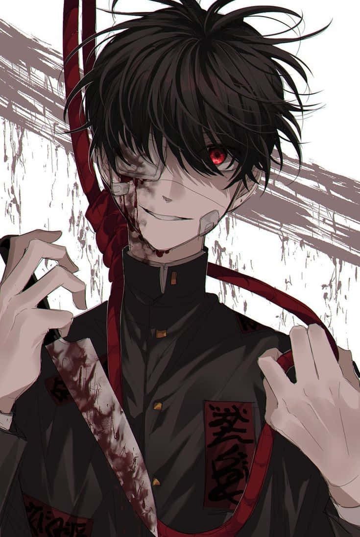 mysterious anime boy, red eye, dark-haired, SD Phone Wallpaper