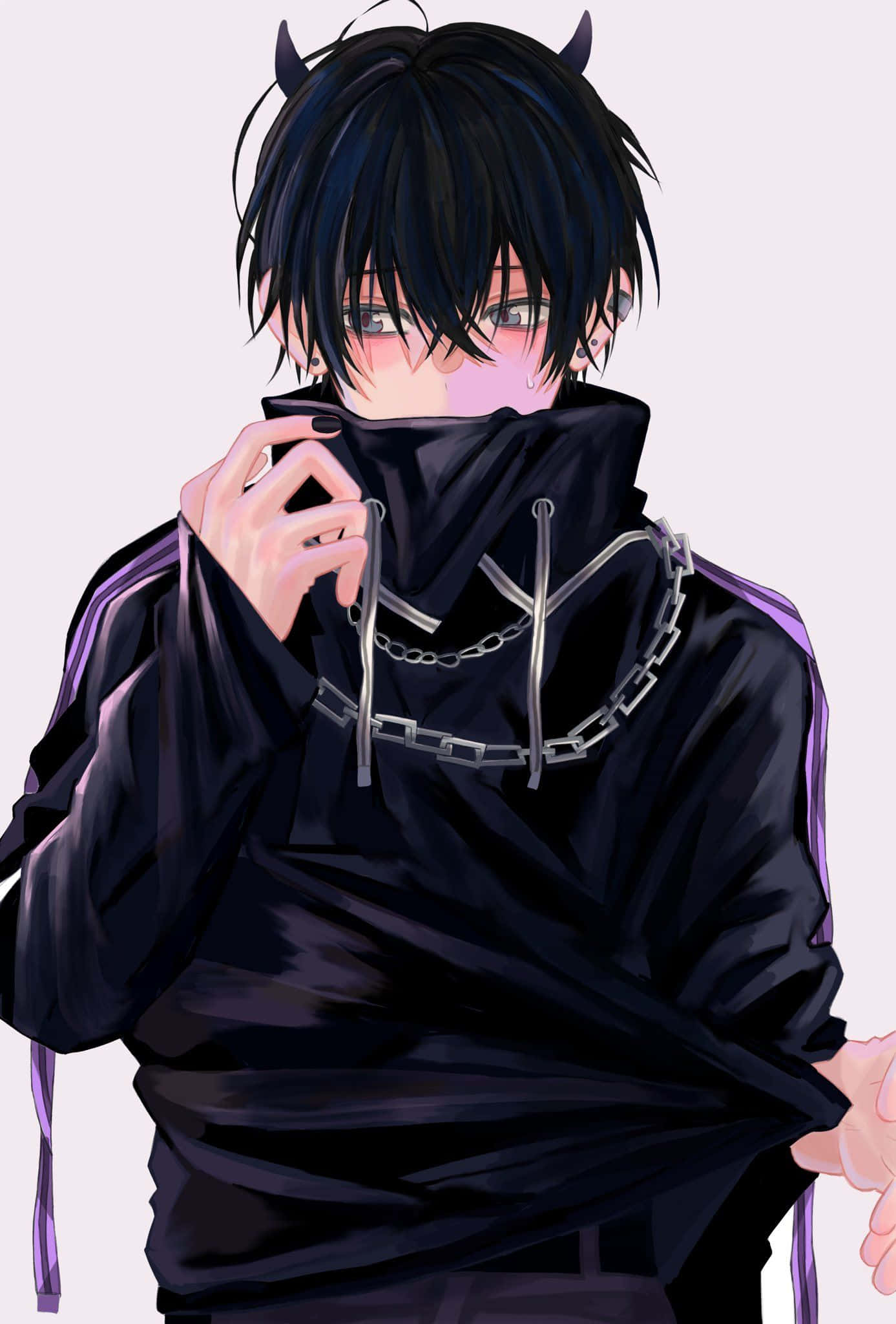 mysterious anime boy, devil horns, black hoodie, Full HD Phone Wallpaper