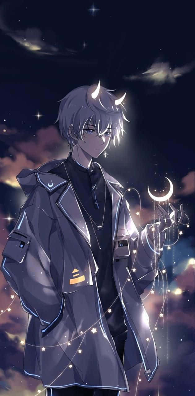 silver-haired anime boy, small horns, glowing crescent moon, HD Phone Wallpaper