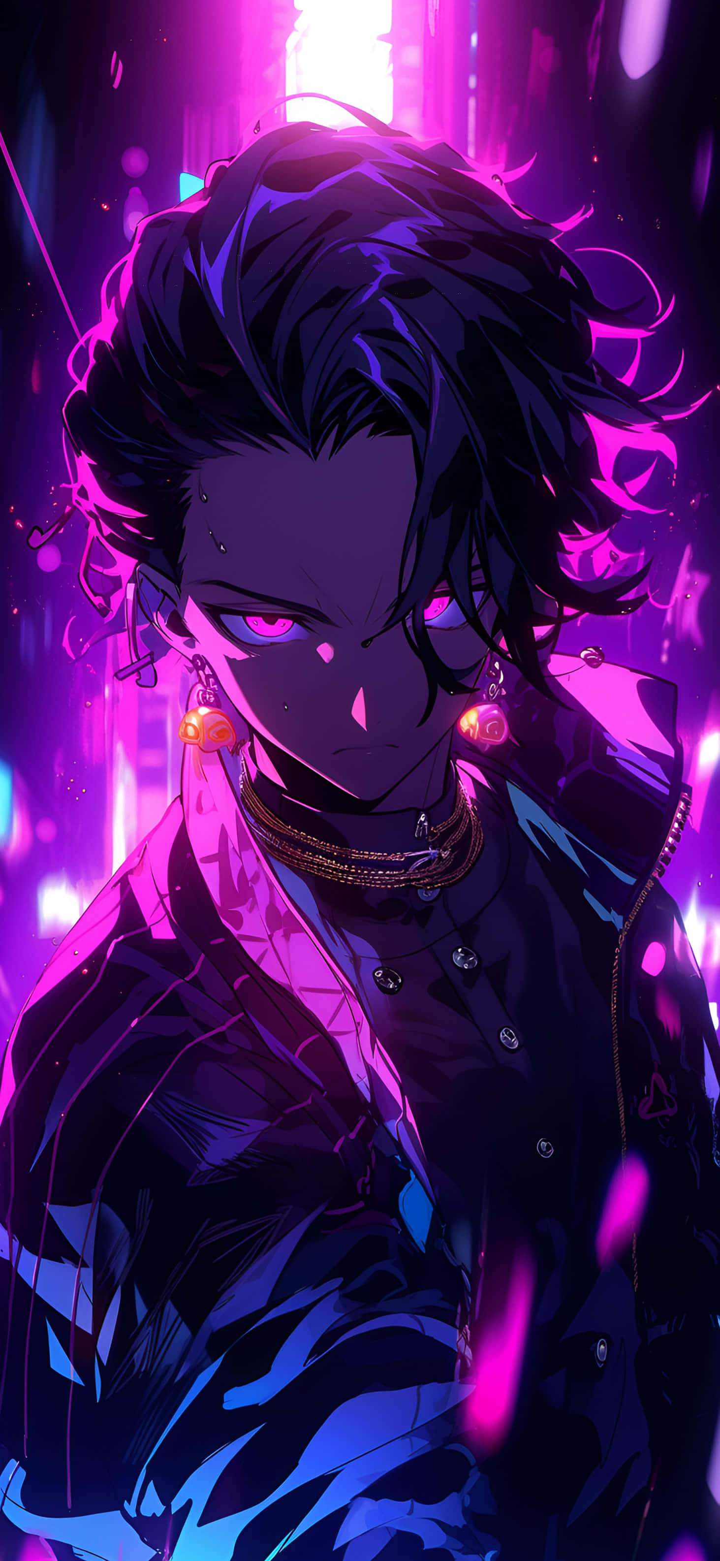 cyberpunk anime male, glowing pink eyes, dark hair, 2K Phone Wallpaper