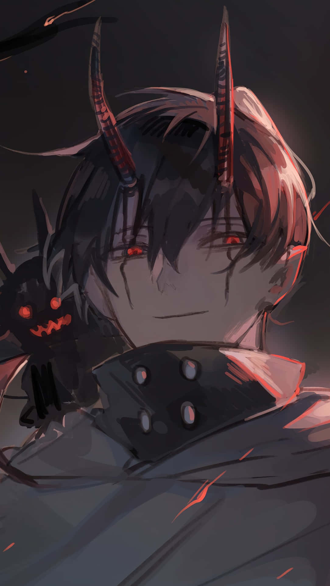 dark anime boy, horns, red eyes, Full HD Phone Wallpaper
