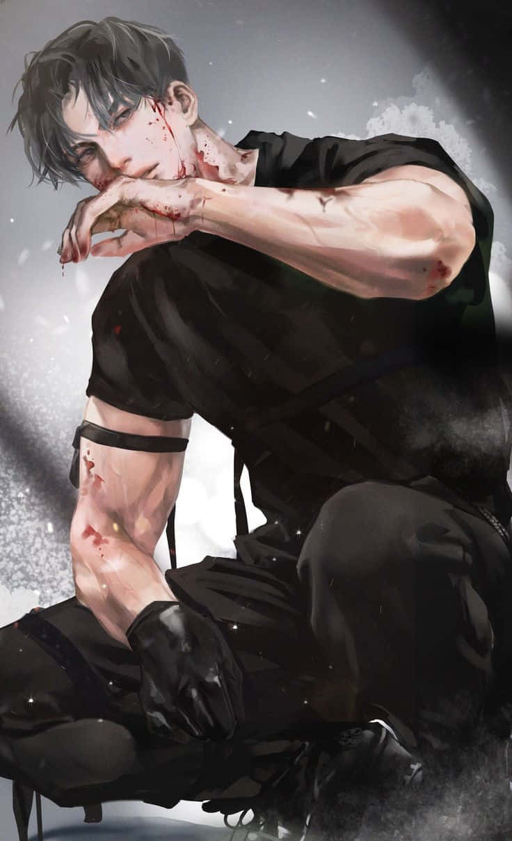 wounded anime boy, black clothes, blood on face and arm, SD Phone Wallpaper