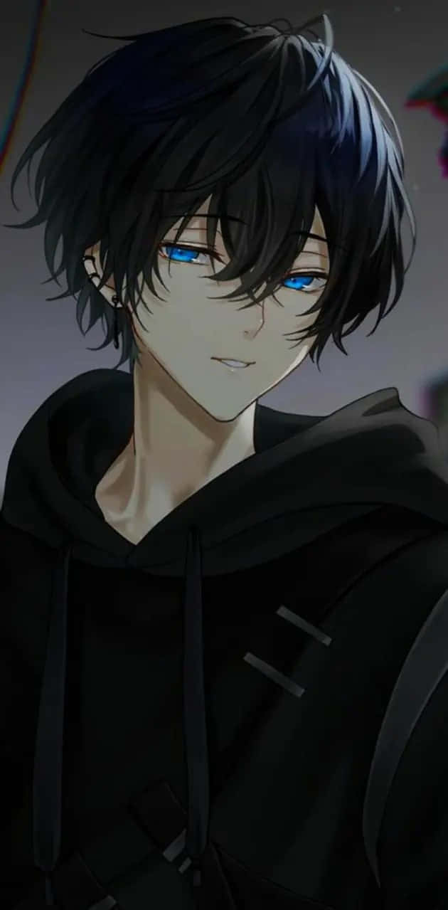 mysterious blue eyed anime boy, black hoodie, black hair, SD Phone Wallpaper